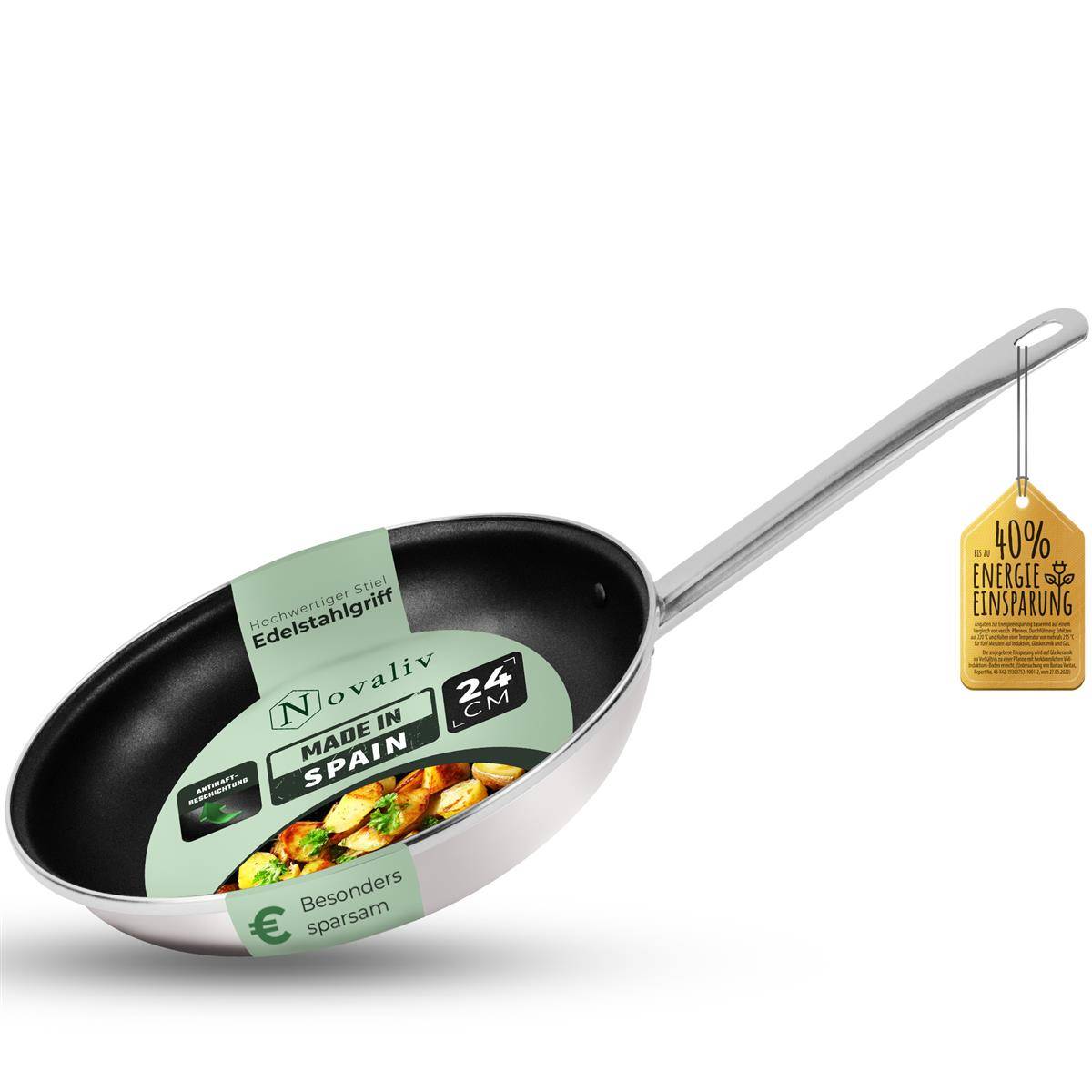 Novaliv Energiesparpfanne 24 cm Einsparung bis zu 40% - Emaillierter Stahl, Antihaft Beschichtung innen, sehr leicht zu reinigen, Taupe Pfanne für