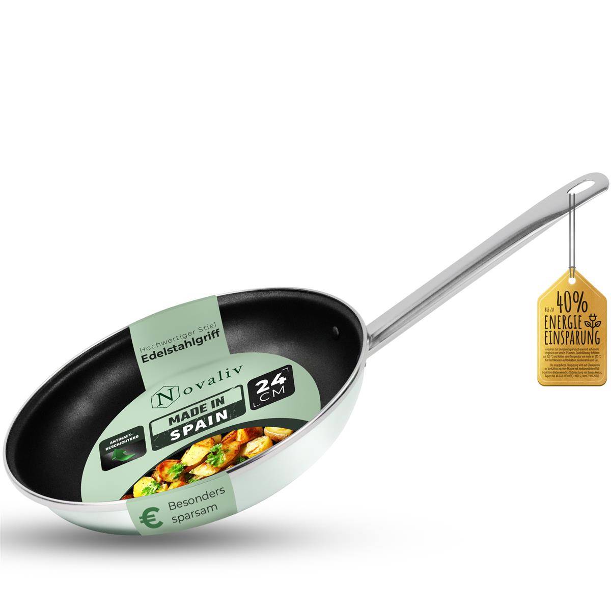 Novaliv Energiesparpfanne 24 cm Einsparung bis zu 40% - Emaillierter Stahl, Antihaft Beschichtung innen, sehr leicht zu reinigen Mintgrün Pfanne für