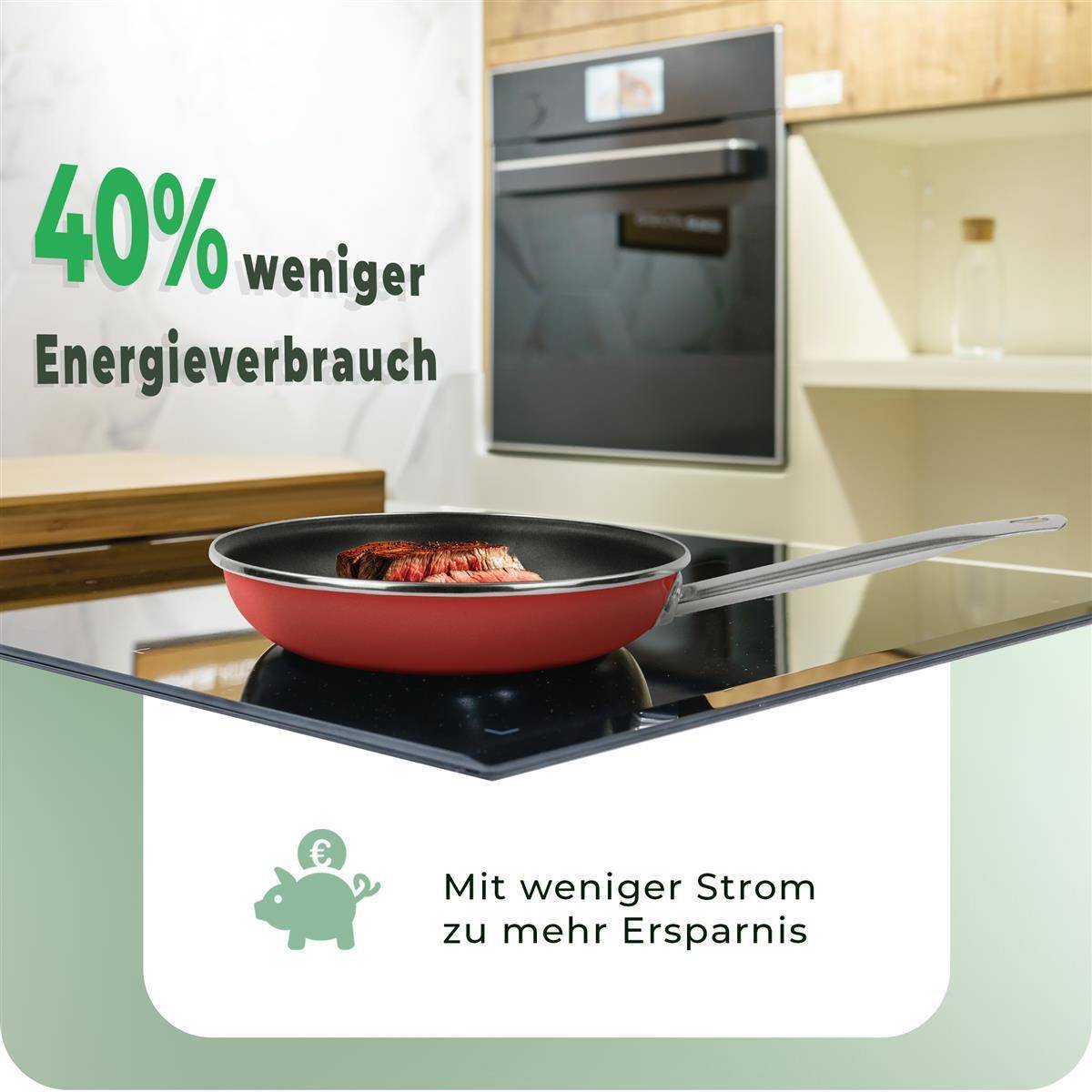 Novaliv Energiesparpfanne 28 cm Einsparung bis zu 40% - Emaillierter Stahl, Antihaft Beschichtung innen, sehr leicht zu reinigen, Rot, Pfanne für