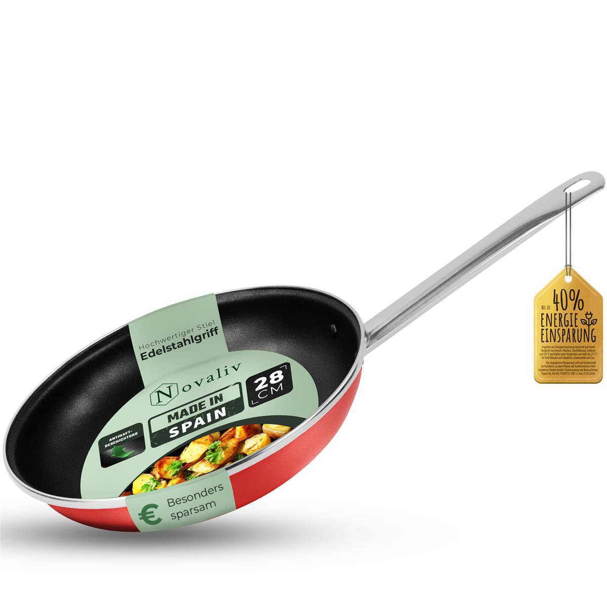 Novaliv Energiesparpfanne 28 cm Einsparung bis zu 40% - Emaillierter Stahl, Antihaft Beschichtung innen, sehr leicht zu reinigen, Rot, Pfanne für
