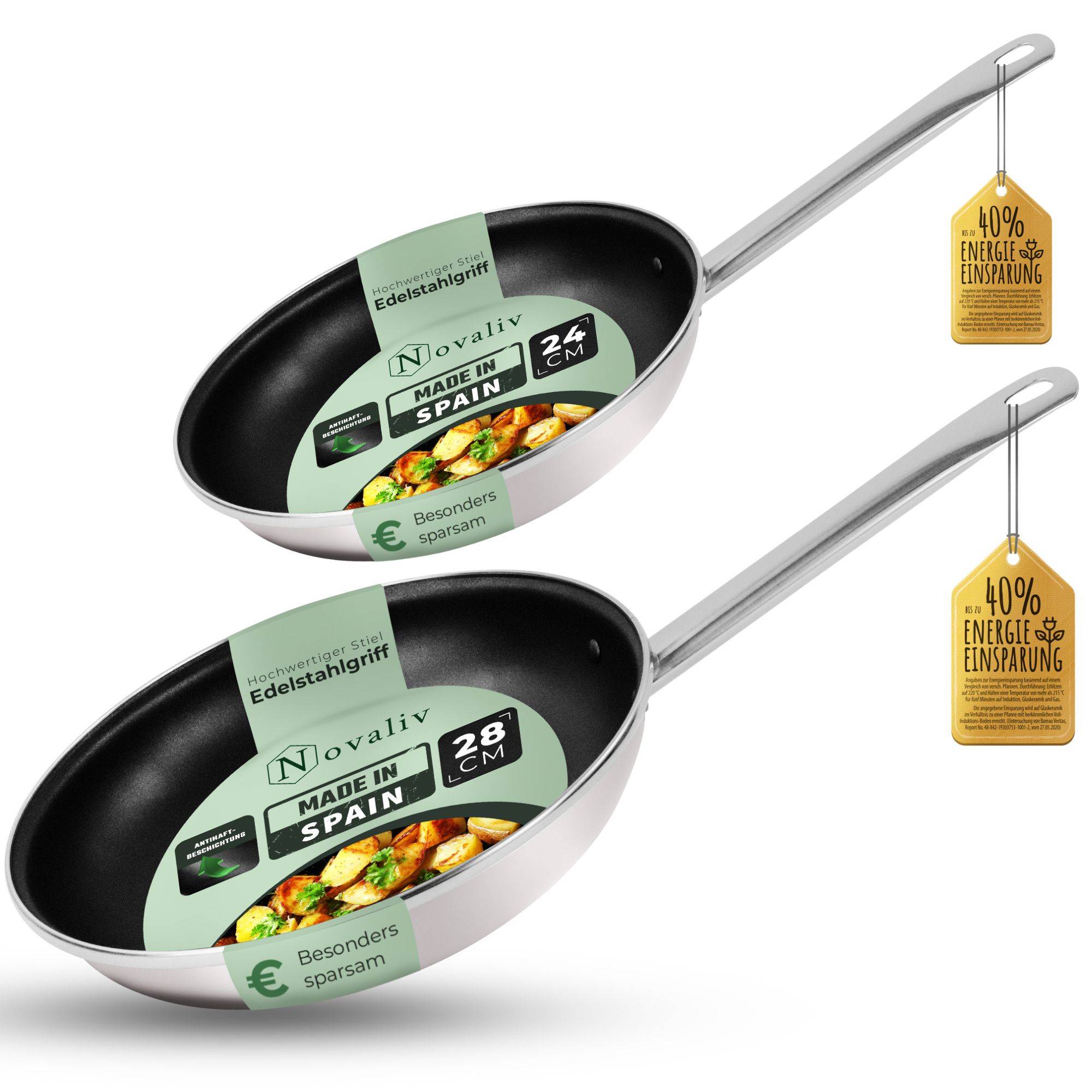 Novaliv Energiesparpfanne 24 + 28 cm Einsparung bis zu 40% Emaillierter Stahl Antihaft Beschichtung innen, sehr leicht zu reinigen, Taupe, Pfann