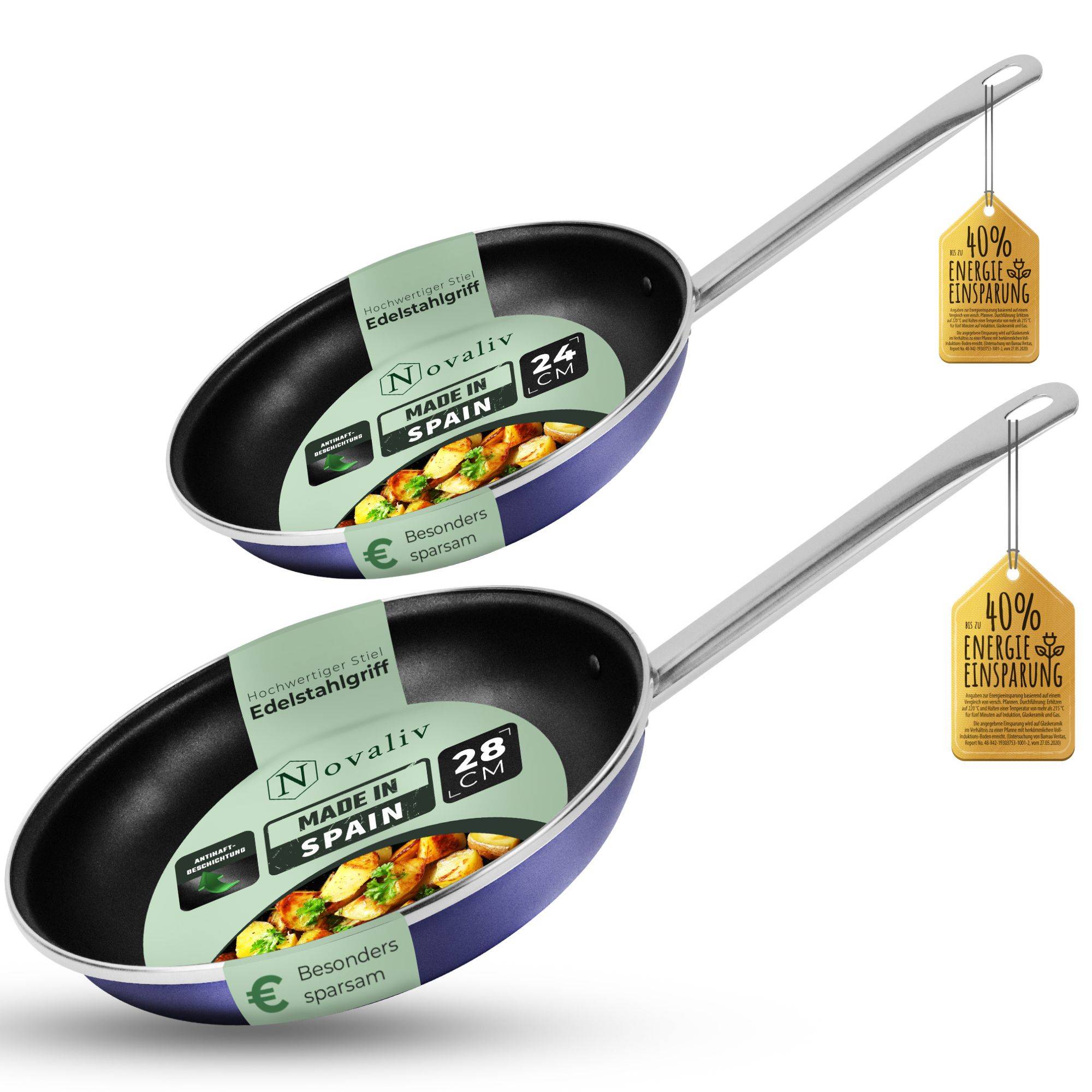 Novaliv Energiesparpfanne 24 + 28 cm Einsparung bis zu 40% Emaillierter Stahl Antihaft Beschichtung innen, sehr leicht zu reinigen, Blau, Pfanne für