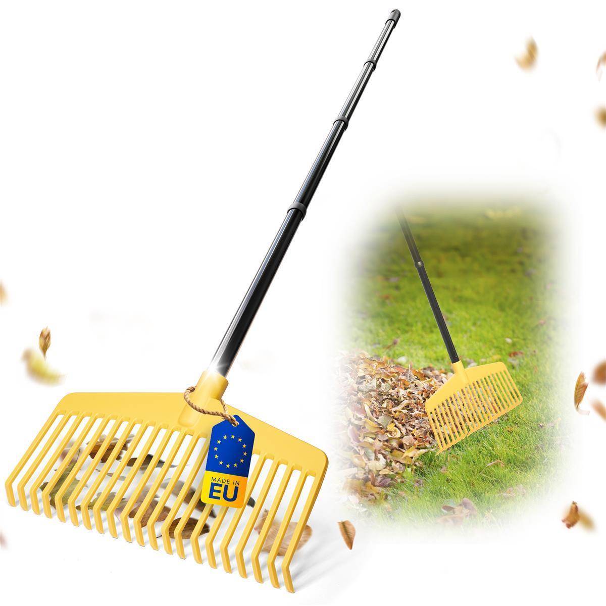 Novatool 4x Laubbesen mit 4tlg Steck- und Schraubstiel, 2 in 1 Kombigerät, Laubbesen & Laubgabel mit 20 Kunststoff-Zinken, Arbeitsbreite 45cm