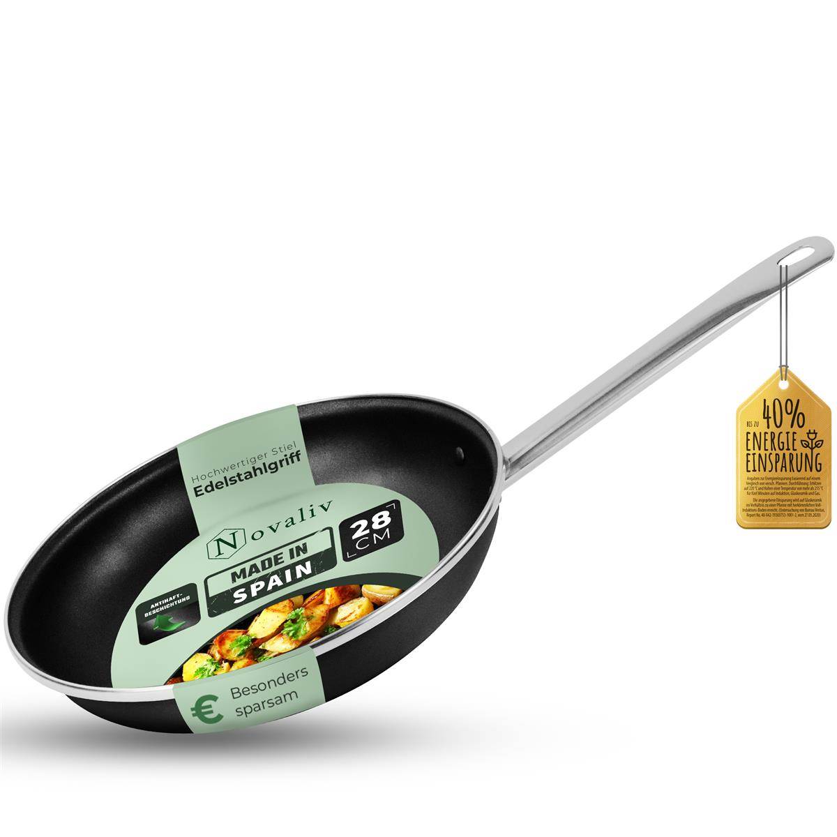 Novaliv Energiesparpfanne 28 cm Einsparung bis zu 40% - Emaillierter Stahl, Antihaft Beschichtung innen, sehr leicht zu reinigen, Schwarz Pfanne für