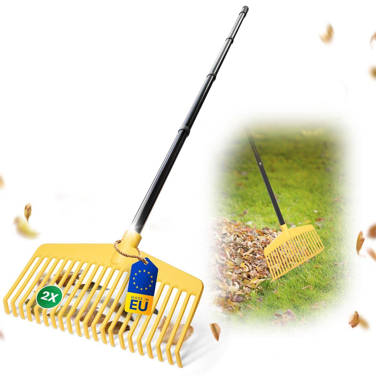 Novatool 2x Laubbesen mit 4tlg Steck- und Schraubstiel, 2 in 1 Kombigerät, Laubbesen & Laubgabel mit 20 Kunststoff-Zinken, Arbeitsbreite 45cm