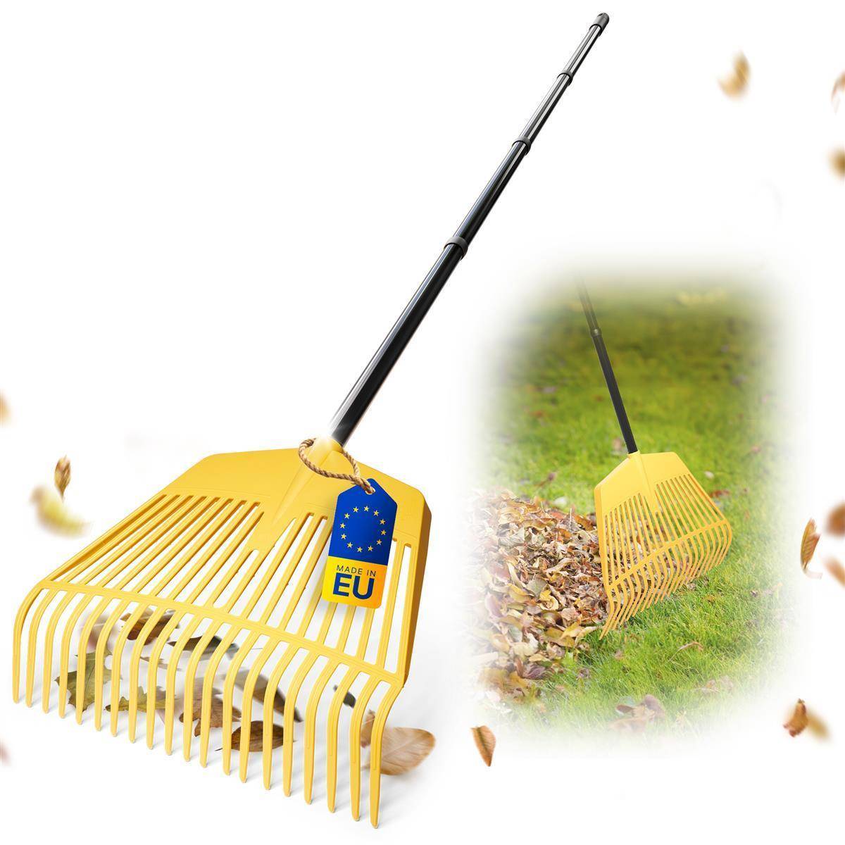 Novatool 3x Laubbesen mit 4tlg Steck- und Schraubstiel, 2 in 1 Kombigerät, Laubbesen & Laubgabel mit 26 Kunststoff-Zinken, Arbeitsbreite 60cm