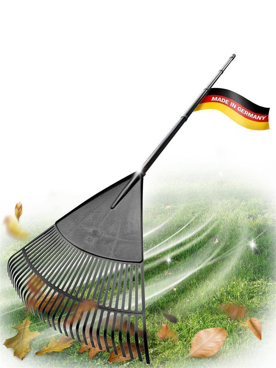 Novatool 3x Laubbesen mit 4tlg Steck- & Schraubstiel, Laubfeger mit 30 Kunststoff-Zinken, Rechen Arbeitsbreite 75cm, Laubrechen, Gartenbesen
