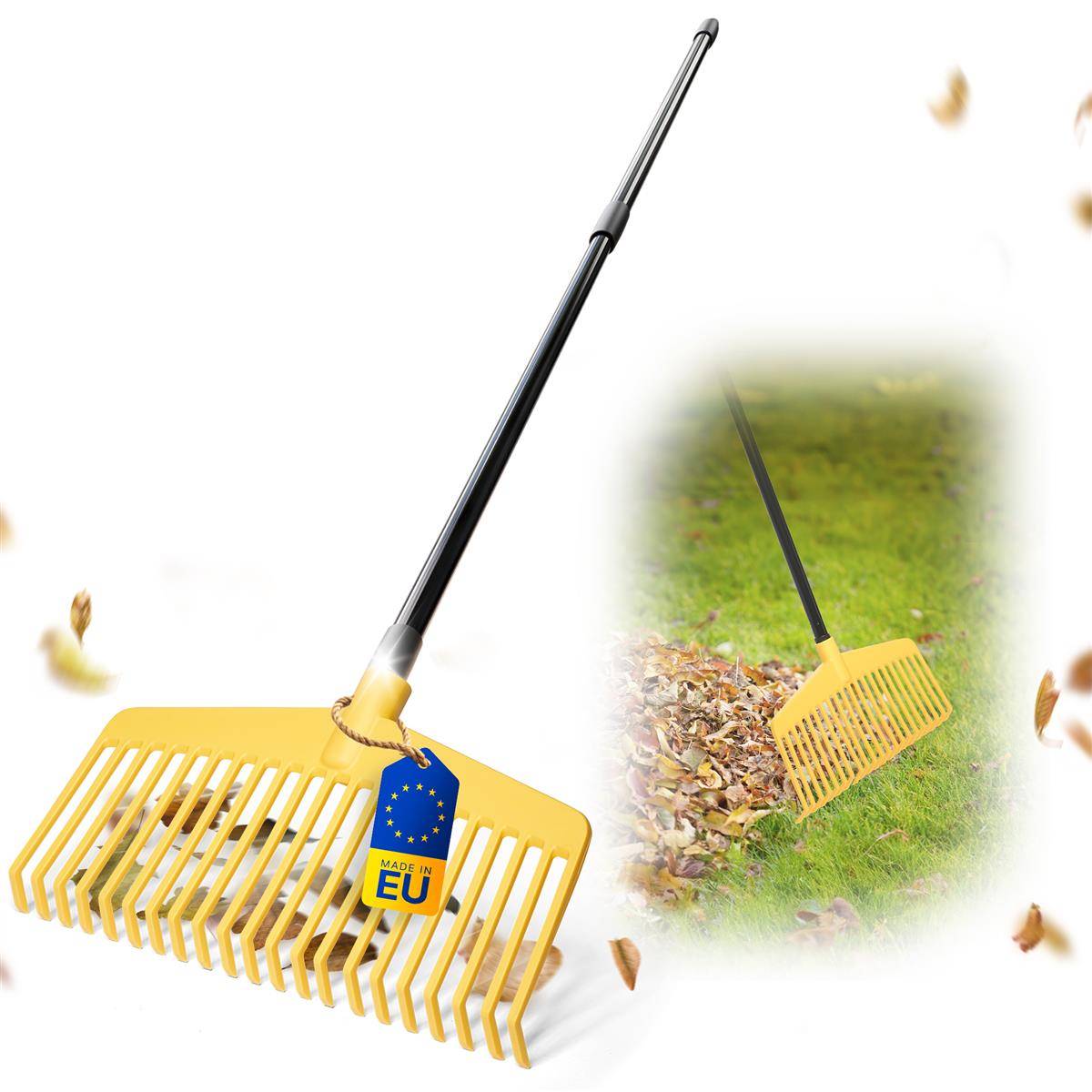 Novatool Laubbesen mit Teleskop-Stiel bis 152cm, 2 in 1 Kombigerät, Laubbesen und Laubgabel mit 20 Kunststoff-Zinken, Arbeitsbreite 45cm