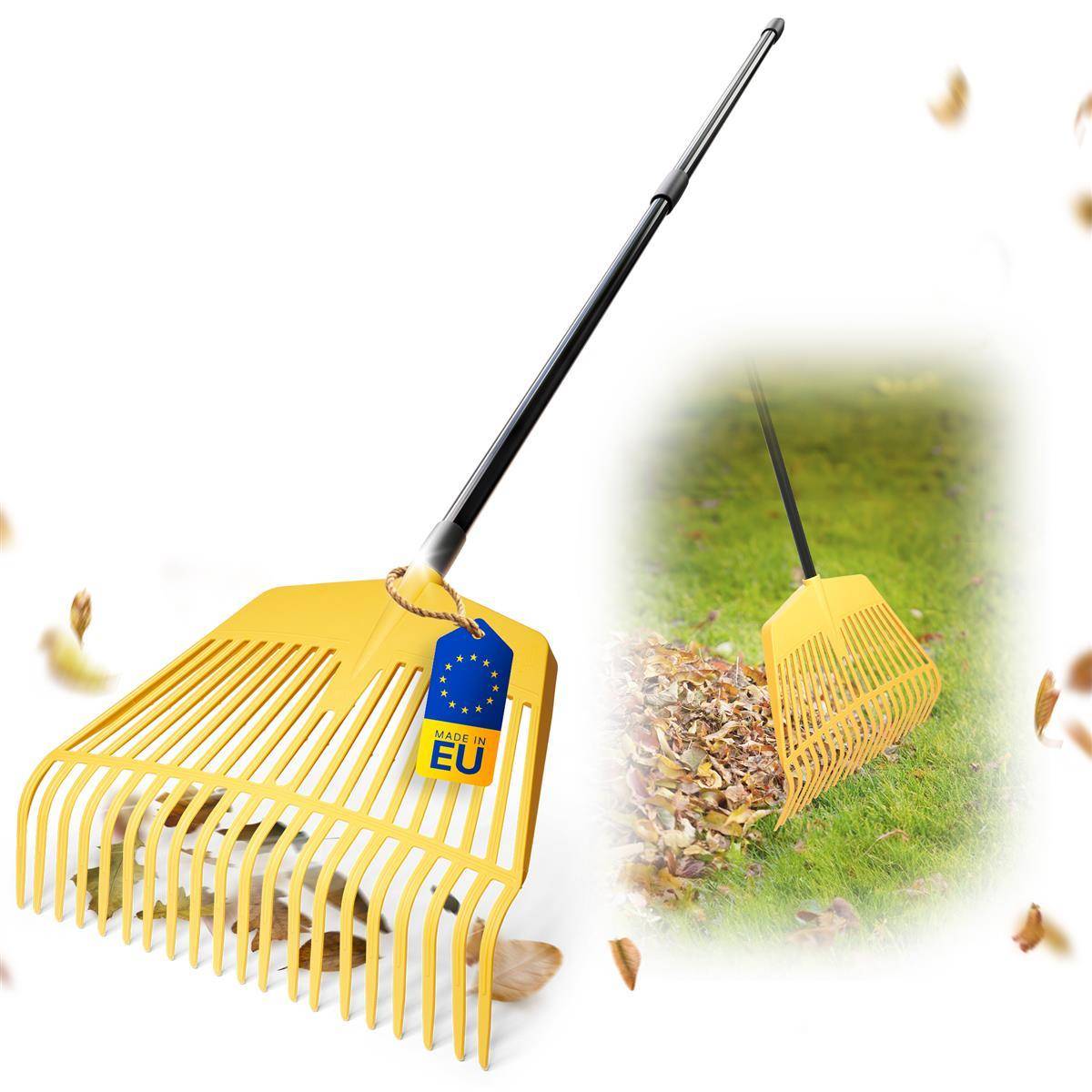 Novatool Laubbesen mit Teleskop-Stiel - 2 in 1 Kombigerät Laubgabel mit 26 Kunststoff-Zinken, Arbeitsbreite 60cm Laubrechen, Gartenbesen