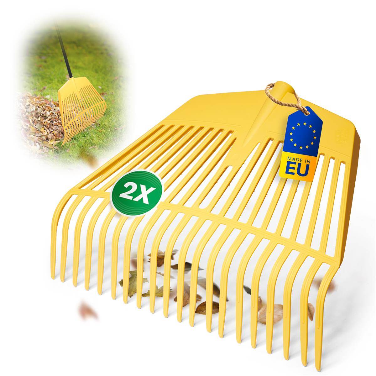 Novatool 2x Laubbesenkopf Set, 2in1 Kombigerät, Laubbesen & Laubgabel mit 26 Kunststoff-Zinken, Arbeitsbreite 60cm, Laubrechen, Gartenbesen