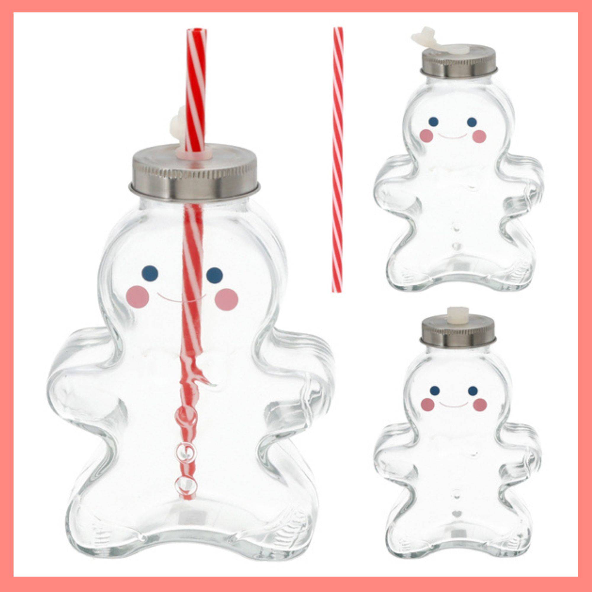 Novaliv 4x Tassen Glühwein 440 ml Personalisierte Weihnachtstasse mit Trinkhalm - Lebkuchenmann als Glühweinbecher - Christbaumkugel Motiv Tasse Tan