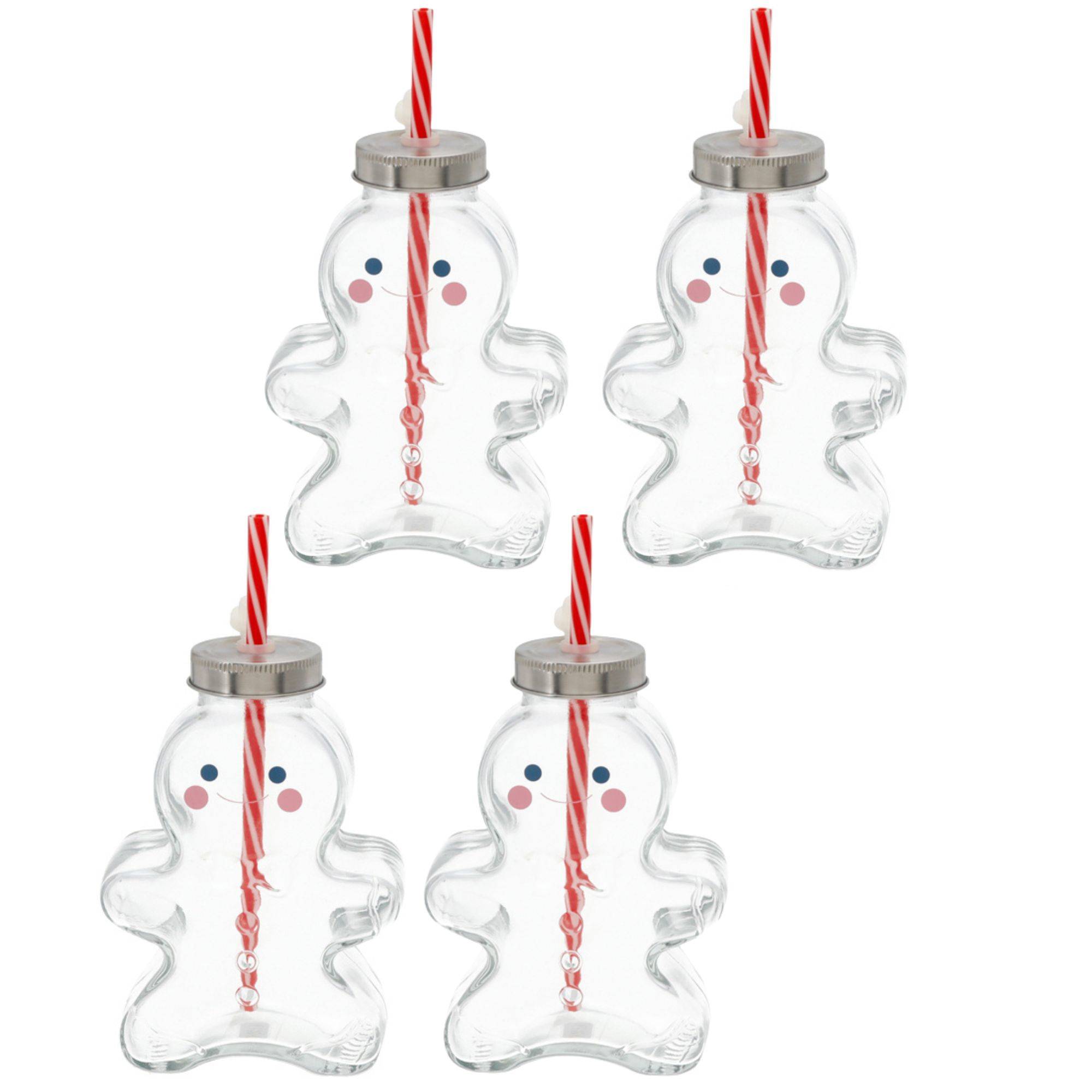 Novaliv 4x Tassen Glühwein 440 ml Personalisierte Weihnachtstasse mit Trinkhalm - Lebkuchenmann als Glühweinbecher - Christbaumkugel Motiv Tasse Tan