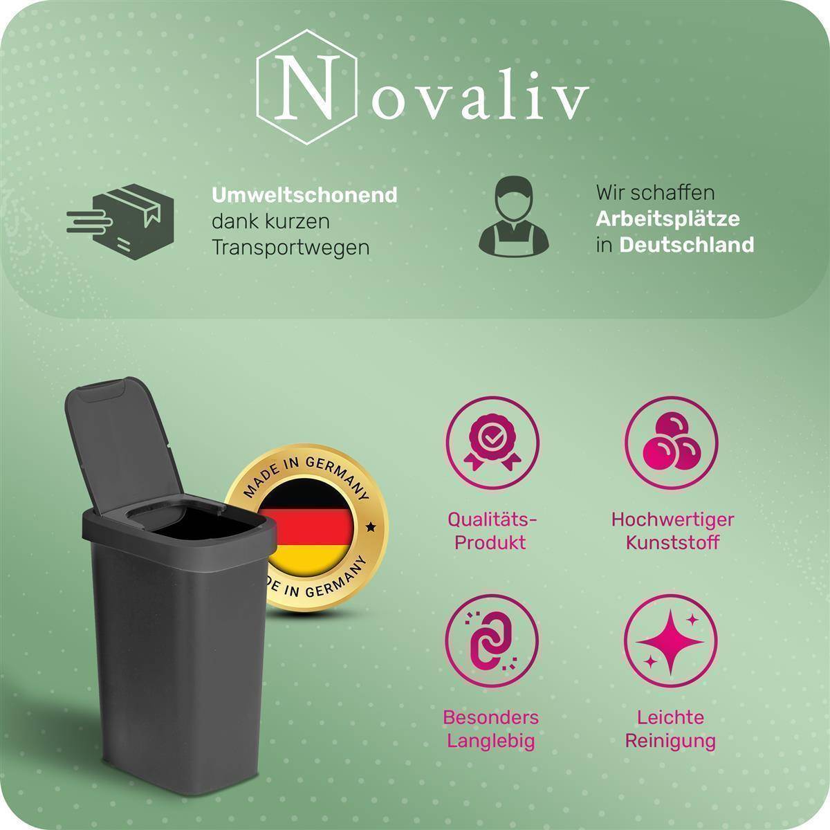 Novaliv Sparset 5x Mülleimer 10L mit 2in1 Deckel, Klappdeckel & Schwingdeckel, Anti-Geruch Abfalleimer für Bad Badezimmer Küche Haushalt Büro, Mü