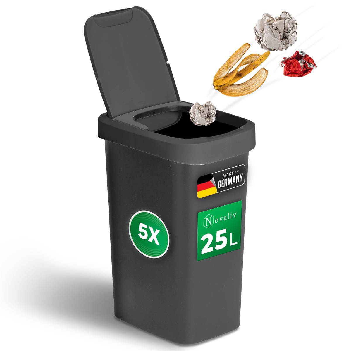 Novaliv Sparset 5x Mülleimer 25L mit 2in1 Deckel, Klappdeckel & Schwingdeckel, Anti-Geruch Abfalleimer für Küche Haushalt Büro, Müll Eimer Abfall