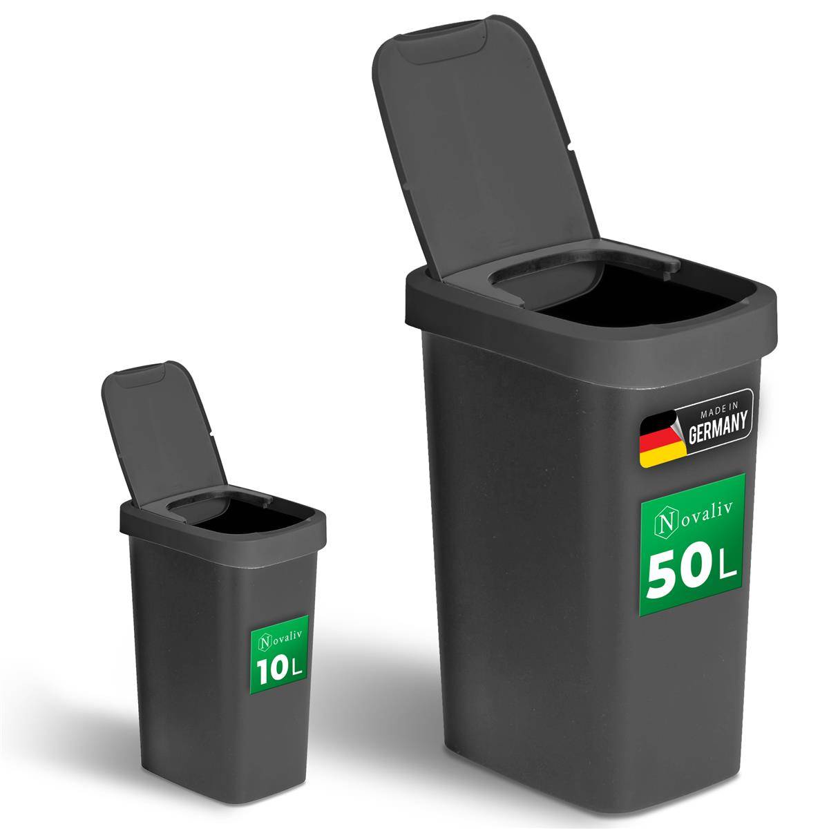 Novaliv Abfalleimer-Set 10L + 50L, Mülleimer mit 2in1 Deckel, Klappdeckel & Schwingdeckel, Anti-Geruch Mülleimer für Küche Haushalt Büro, Müll E