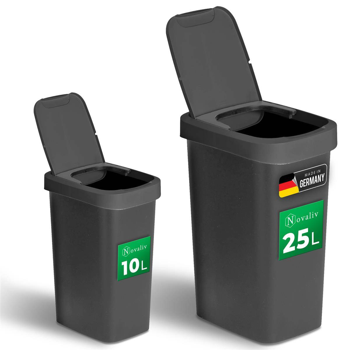 Novaliv Abfalleimer-Set 10L + 25L, Mülleimer mit 2in1 Deckel, Klappdeckel & Schwingdeckel, Anti-Geruch Mülleimer für Bad Küche Haushalt Büro, Mü