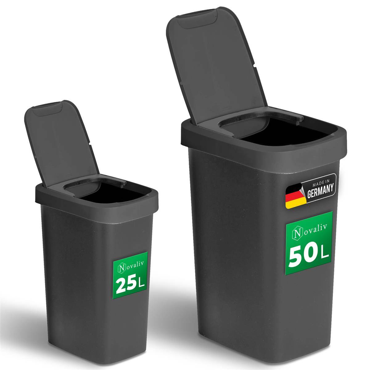 Novaliv Mülleimer-Set 25L + 50L, Abfalleimer mit 2in1 Deckel, Klappdeckel & Schwingdeckel, Anti-Geruch Mülleimer für Küche Haushalt Büro, Müll E