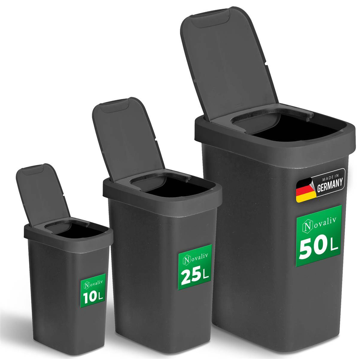 Novaliv Mülleimer-Set 10L + 25L + 50L, Abfalleimer mit 2in1 Deckel, Klappdeckel & Schwingdeckel, Anti-Geruch Mülleimer für Küche Haushalt Büro, M