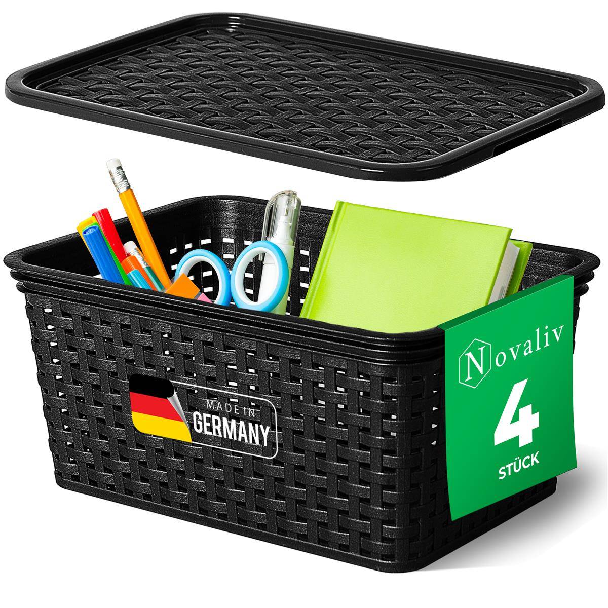 Novaliv 4er Set Elegante Aufbewahrungskörbe mit Deckel in Rattan-Optik | Schwarz Lebensmittelecht Kunststoff 5L – für Büro und Zuhause. Vielseiti