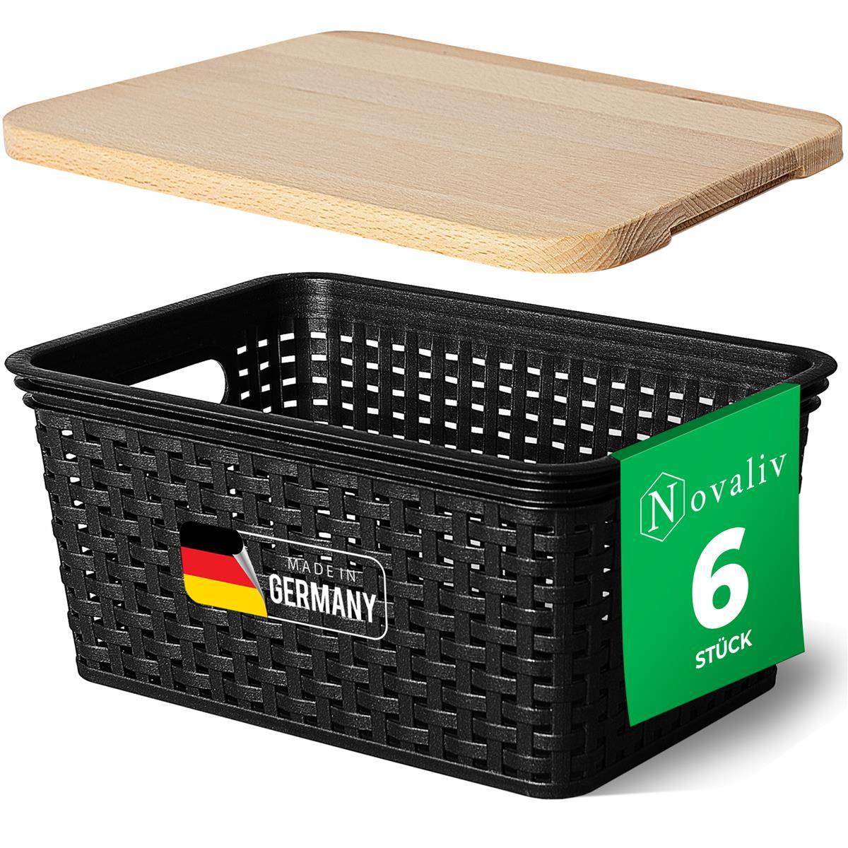 Novaliv 6er Set Aufbewahrungsboxen mit Holzdeckel Klein 5L Korb Schwarz in Rattan Design Lebensmittelecht Aufbewahrungskorb Stapelboxen Nestbar