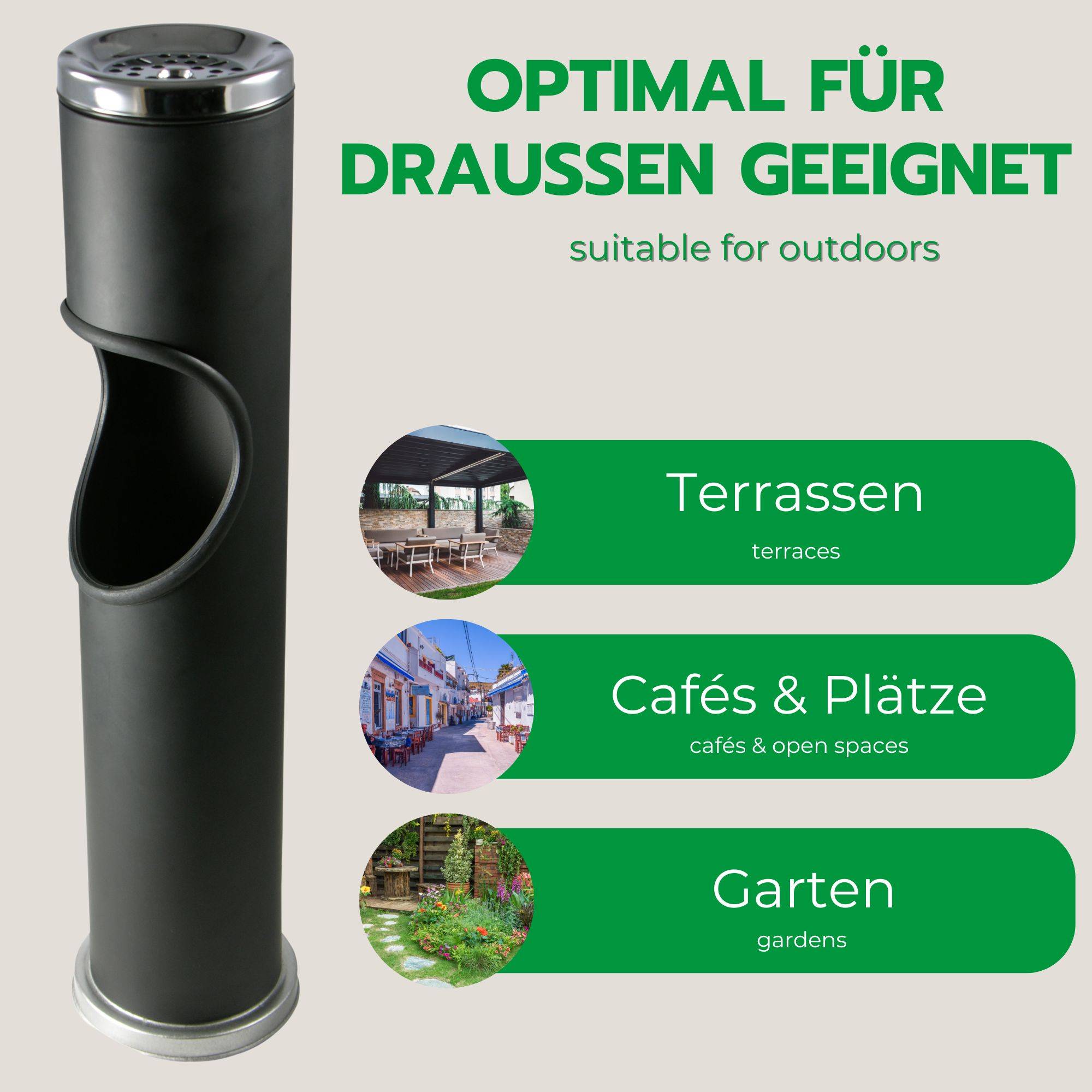 Novaliv Standaschenbecher für draußen Schwarz 46,5cm hoch 9,5cm Ø 2in1 für Müll- und Zigarettenabfälle outdoor Aschenbecher für draussen stehen