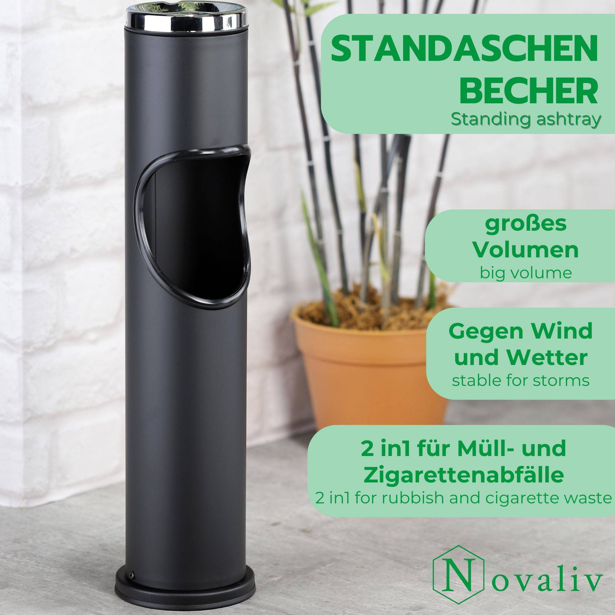 Novaliv Standaschenbecher für draußen Schwarz 46,5cm hoch 9,5cm Ø 2in1 für Müll- und Zigarettenabfälle outdoor Aschenbecher für draussen stehen