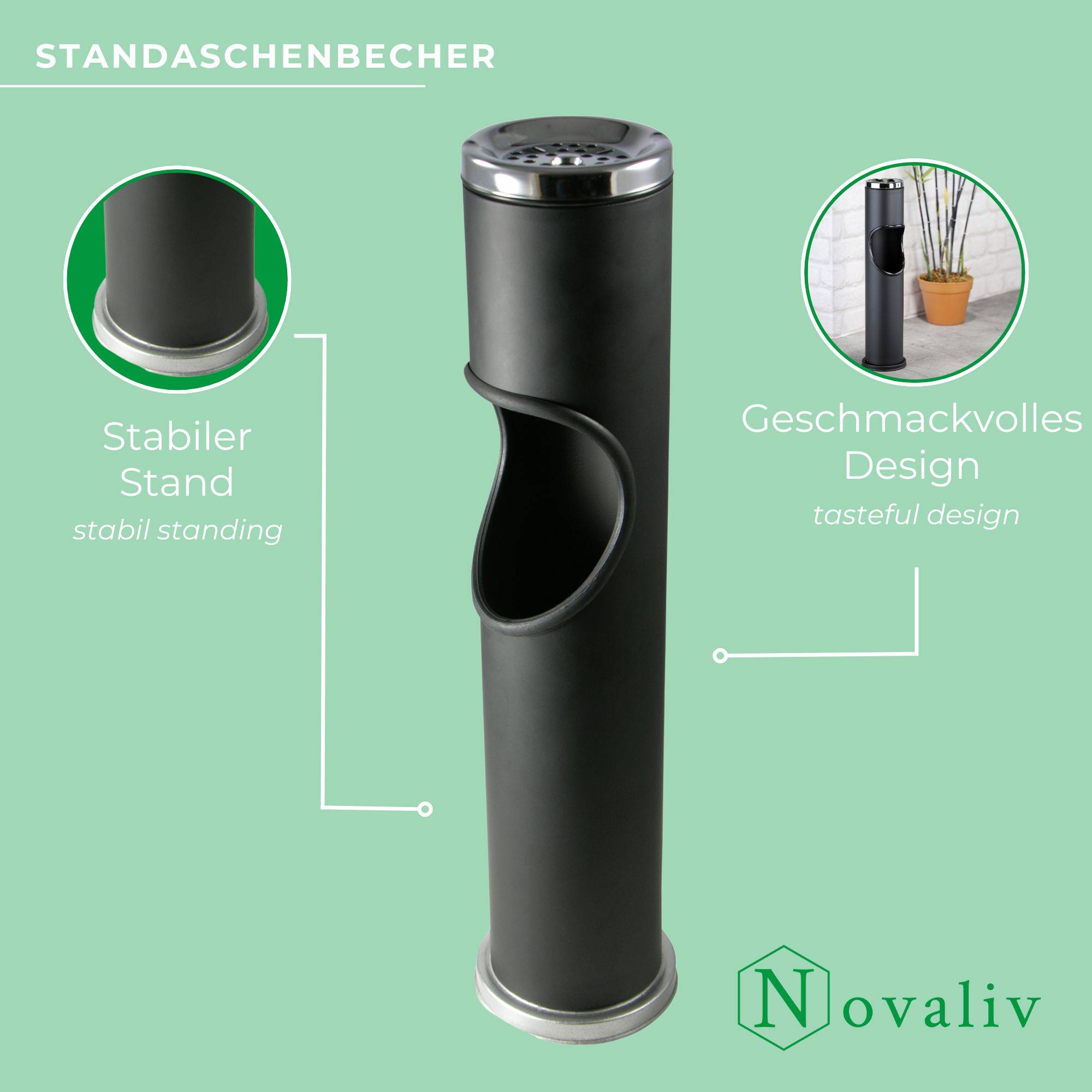 Novaliv Standaschenbecher für draußen Schwarz 46,5cm hoch 9,5cm Ø 2in1 für Müll- und Zigarettenabfälle outdoor Aschenbecher für draussen stehen
