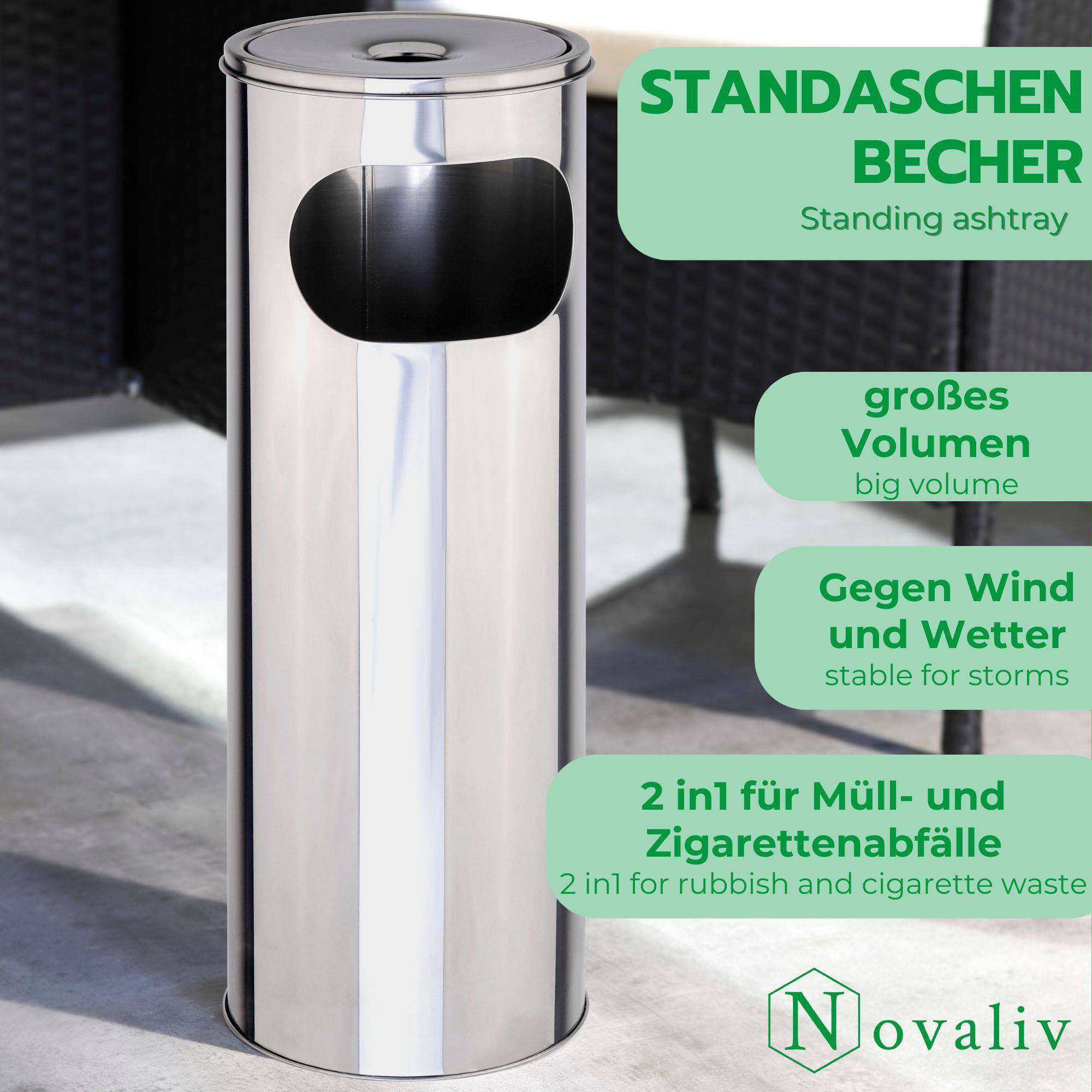 Novaliv Standaschenbecher für draußen Edelstahl Silber 58 cm hoch 21cm Ø 2in1 für Müll- und Zigarettenabfälle outdoor Aschenbecher für draussen