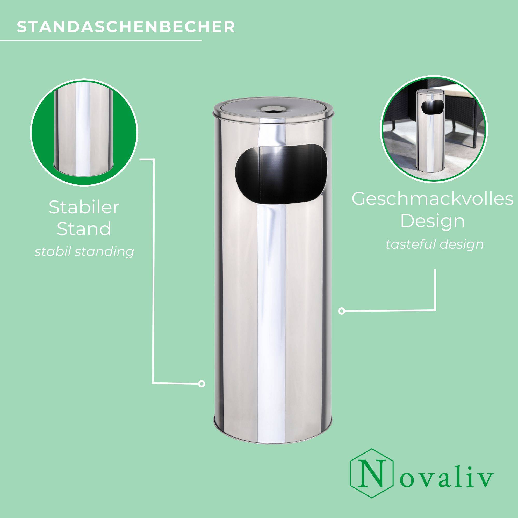 Novaliv 3x Standaschenbecher für draußen Edelstahl Silber 58 cm hoch 21cm Ø 2in1 für Müll- und Zigarettenabfälle outdoor Aschenbecher für draus