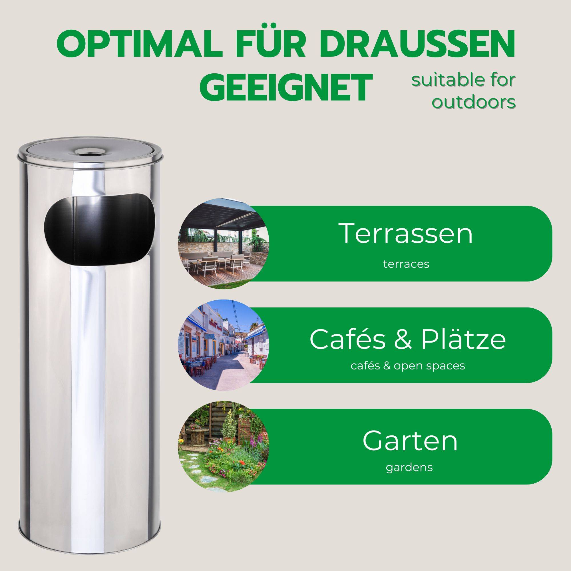 Novaliv 3x Standaschenbecher für draußen Edelstahl Silber 58 cm hoch 21cm Ø 2in1 für Müll- und Zigarettenabfälle outdoor Aschenbecher für draus