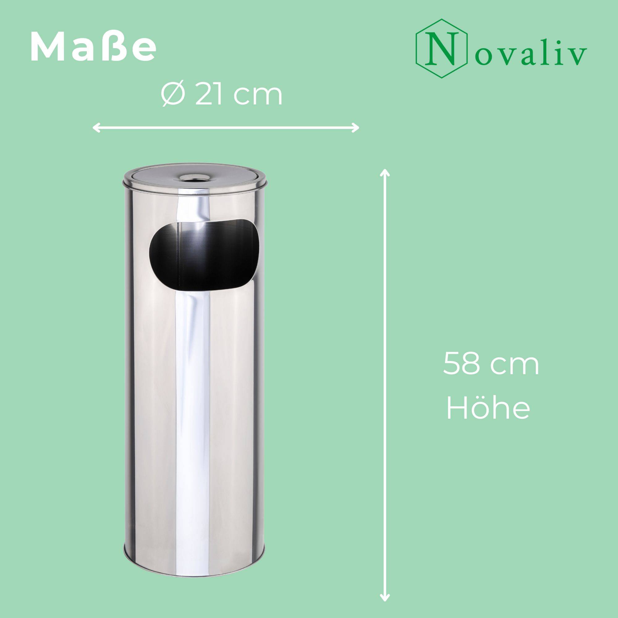 Novaliv Standaschenbecher für draußen Edelstahl Silber 58 cm hoch 21cm Ø 2in1 für Müll- und Zigarettenabfälle outdoor Aschenbecher für draussen