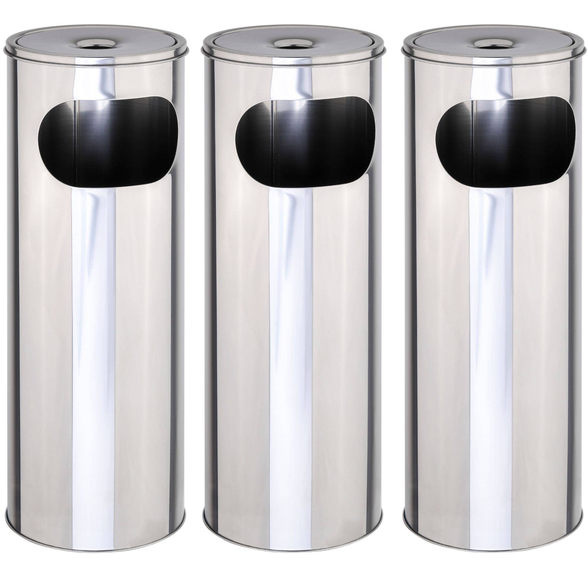 Novaliv 3x Standaschenbecher für draußen Edelstahl Silber 58 cm hoch 21cm Ø 2in1 für Müll- und Zigarettenabfälle outdoor Aschenbecher für draus