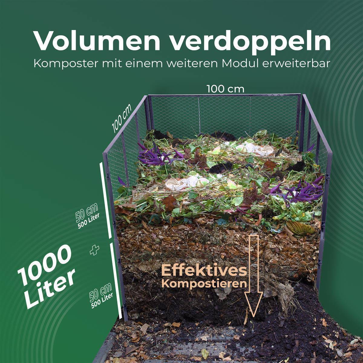 Novatool Garten-Komposter Deckel und Boden, Komposter mit erweiterbarem Stecksytem, pulverbeschichteter Metallkomposter mit 1000 Liter Volumen