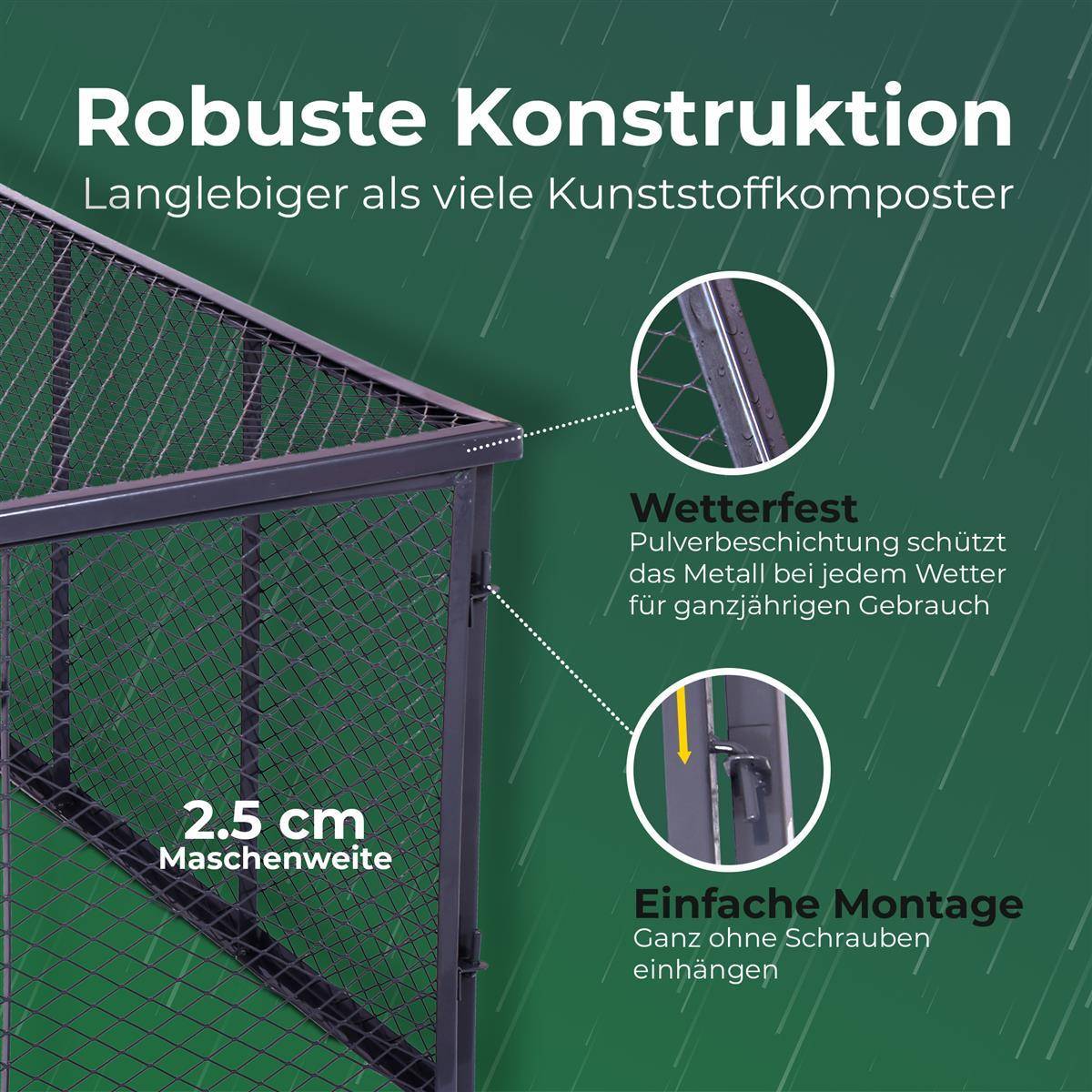 Novatool Garten-Komposter Metall 100x100x50 cm + Deckel und Boden, mit erweiterbarem Stecksytem, pulverbeschichteter Metallkomposter mit 500 Liter