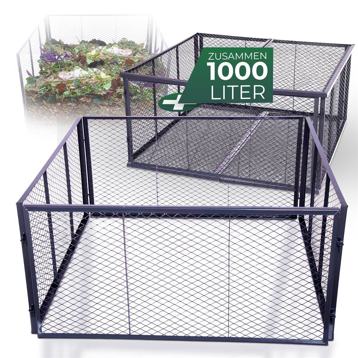 Novatool Garten-Komposter Metall 100x100x100 cm + Deckel und Boden, mit erweiterbarem Stecksytem, pulverbeschichteter Metallkomposter mit 1000