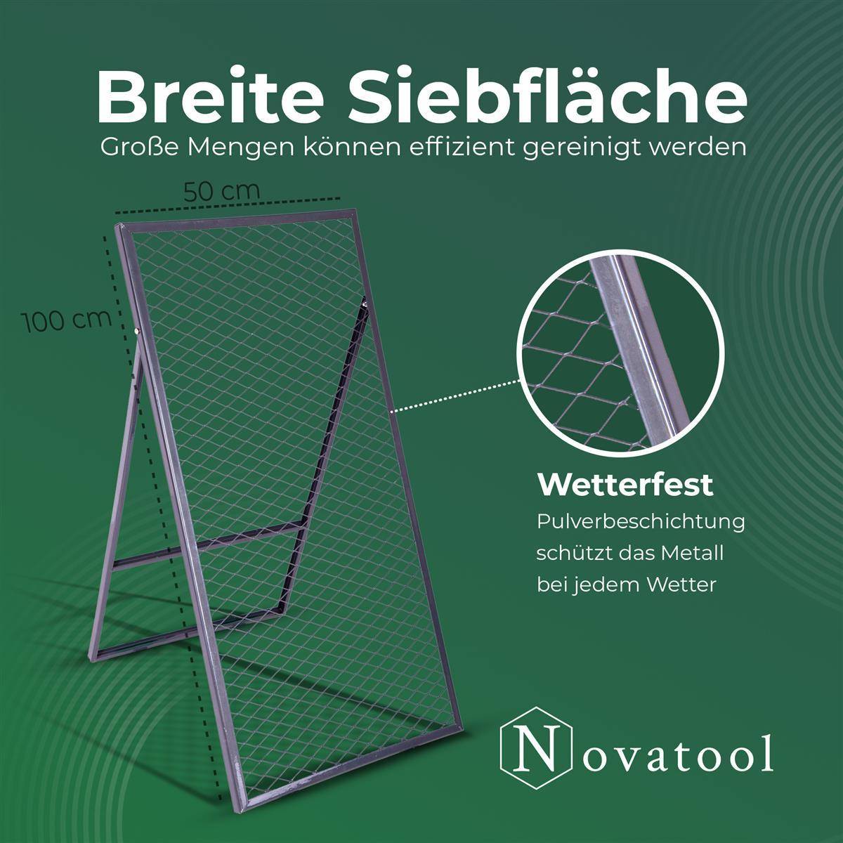 Novatool Boden Durchwurfsieb 100x50 cm, aus pulverbeschichtetem Stahl, Durchwurfgitter Sieb für Erde Rasen Sand Kompost, Gartensieb Metallsieb