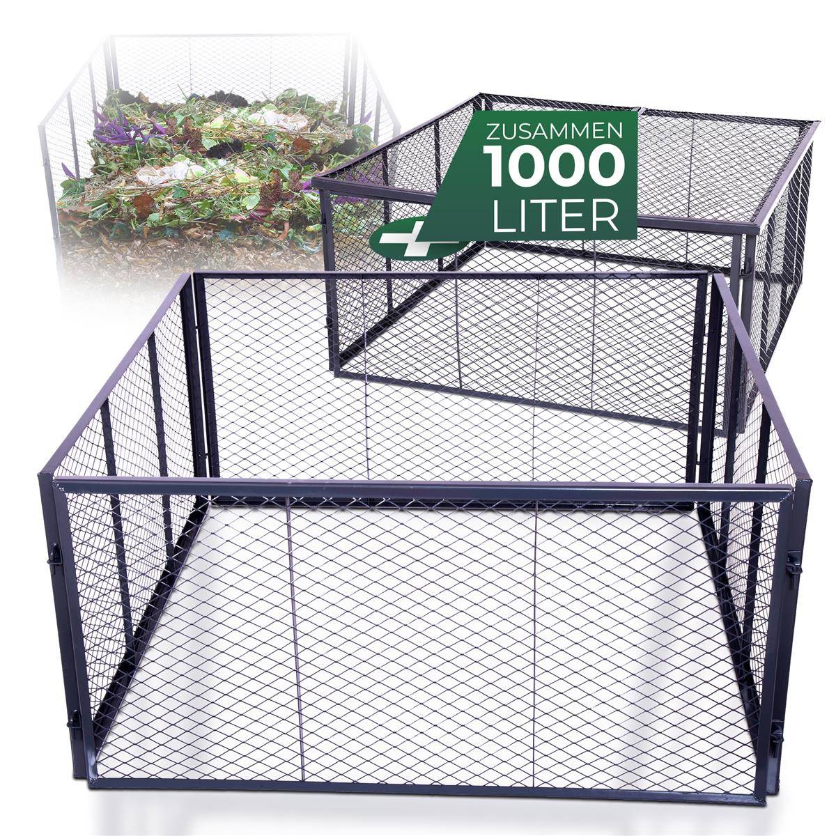 Novatool Garten-Komposter Metall 100x100x100 cm + Deckel oder Boden, mit erweiterbarem Stecksytem, pulverbeschichteter Metallkomposter mit 1000