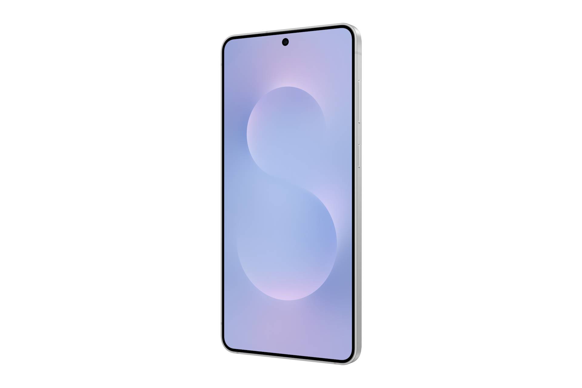 Ein Smartphone, frontal gezeigt, mit einem pastellfarbenen violett-blauen Bildschirm und zentriertem Kamera-Ausschnitt, isoliert auf schwarzem Hintergrund.