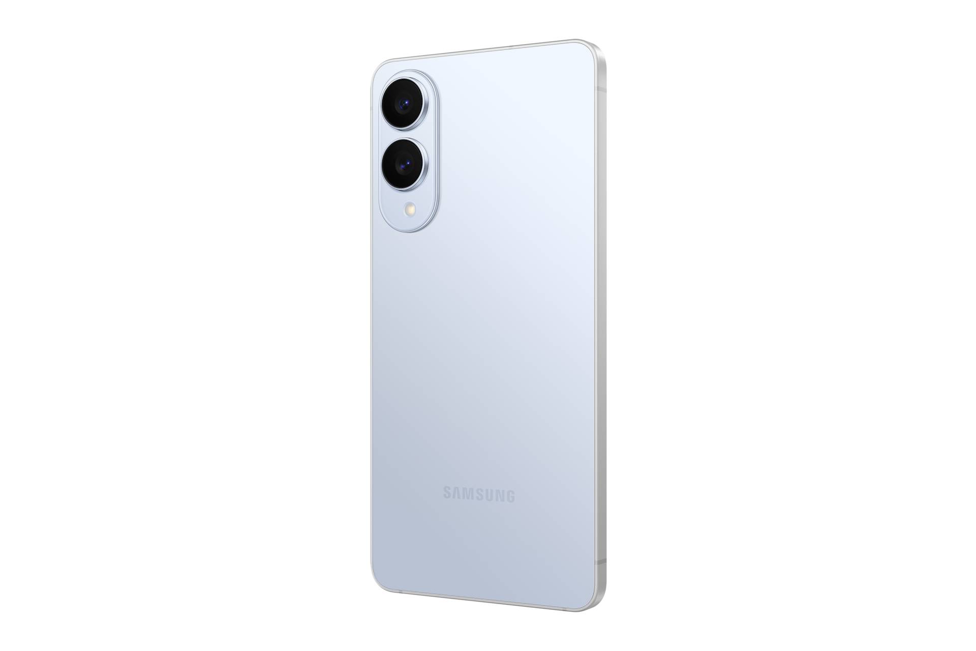 Rückansicht eines weißen Samsung-Smartphones auf schwarzem Hintergrund, das zwei rückwärtige Kameras und ein Blitzlicht in einem vertikalen Kameramodul zeigt.