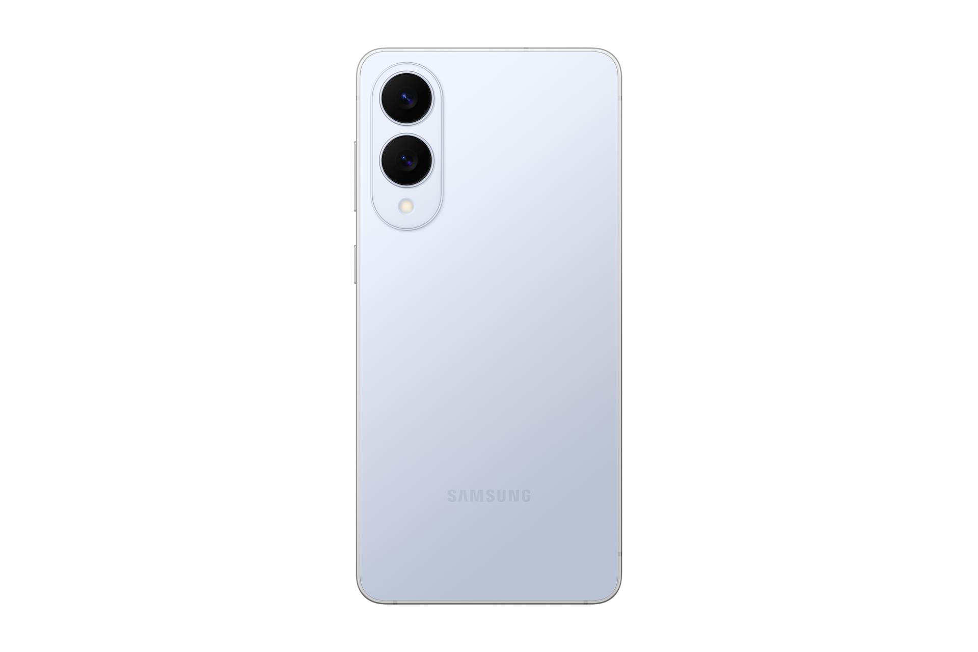 Rückansicht eines weißen Samsung-Smartphones mit dualen Rückkameras und Blitz, gezeigt auf schwarzem Hintergrund.