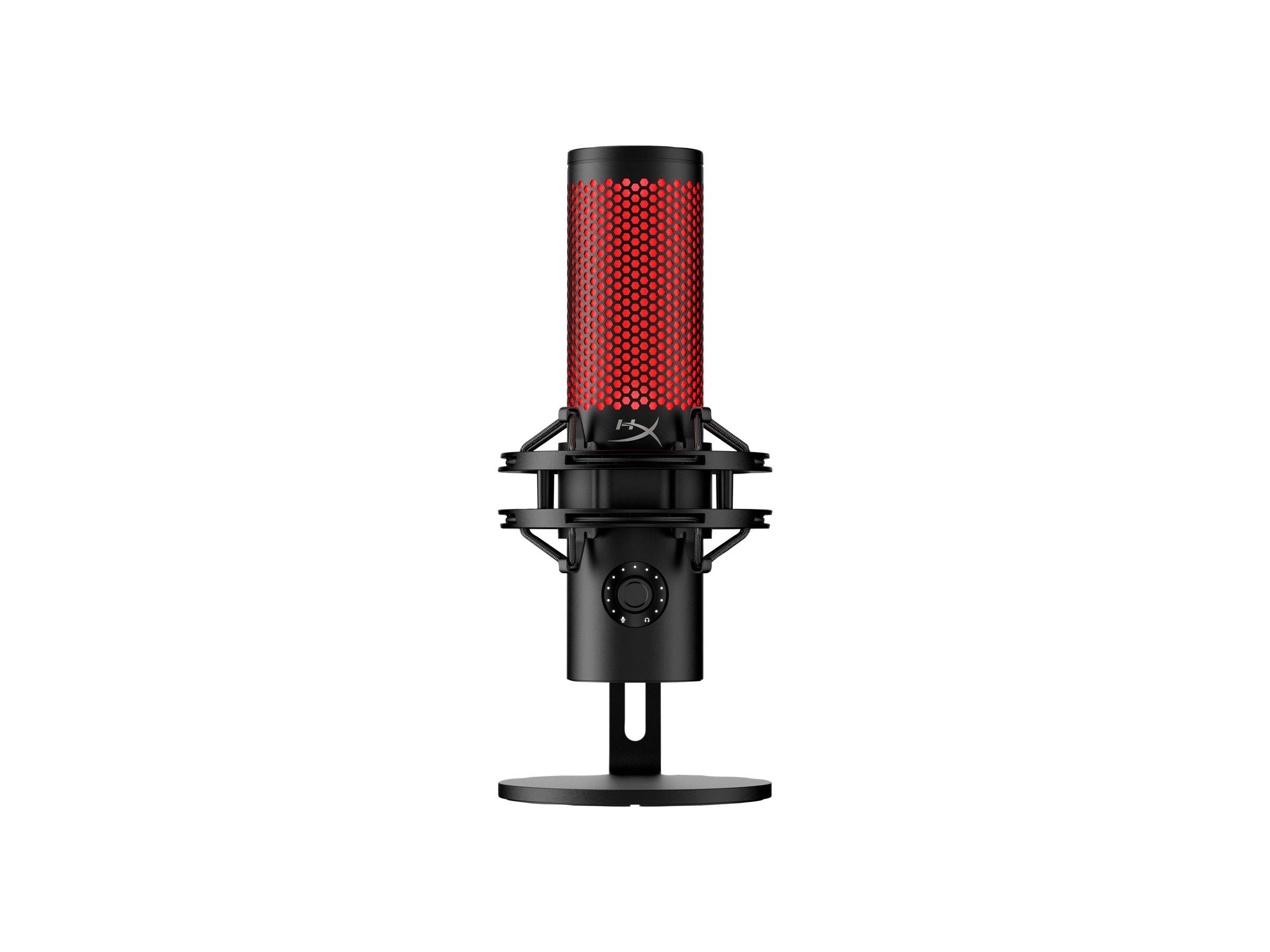 Ein schwarzes und rotes Mikrofon mit einem stabilen Ständer, ausgestattet mit einer verstellbaren Skala an der Vorderseite, geeignet für professionelle Audioaufnahmen.