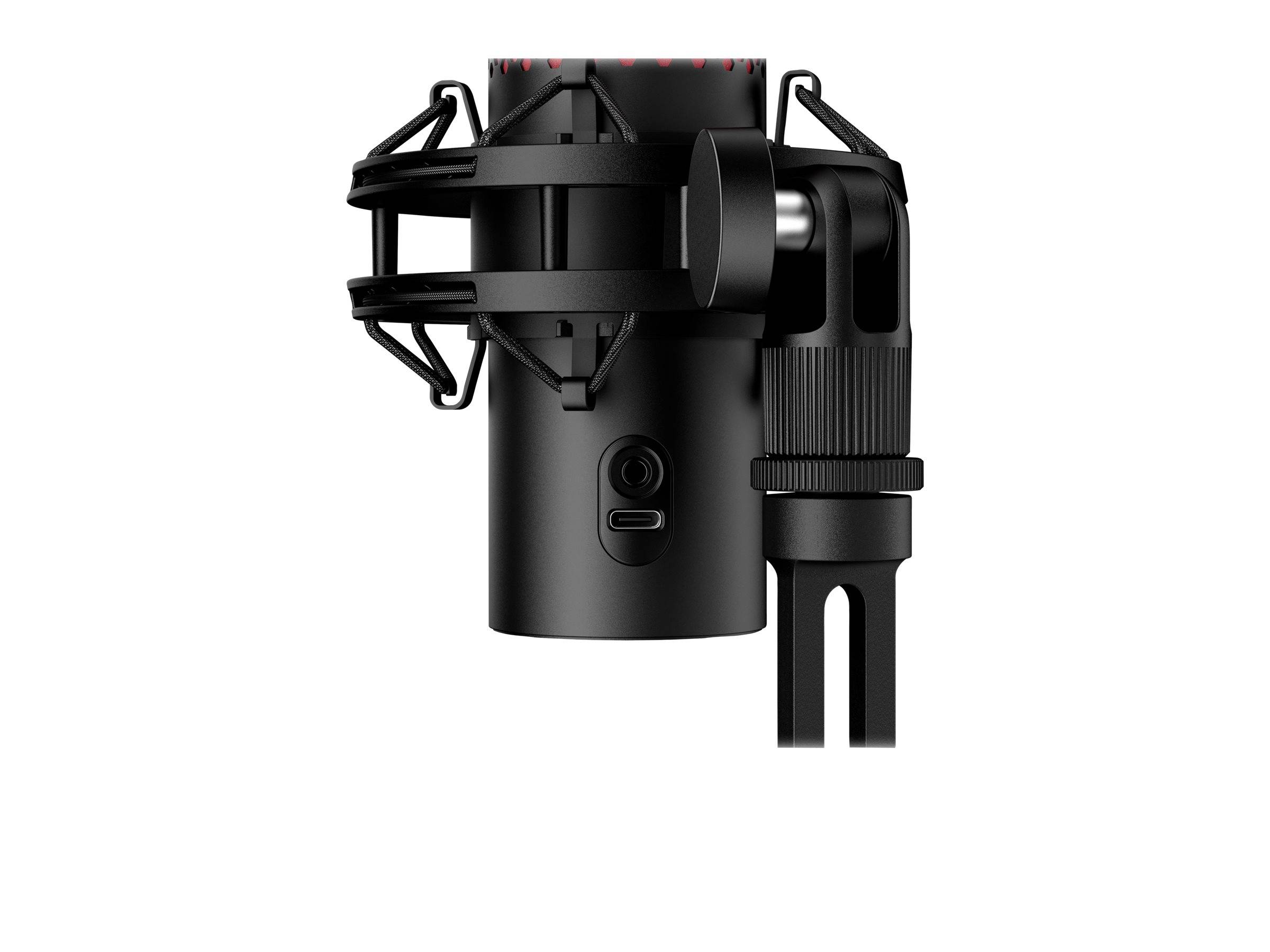 Ein schwarzes Mikrofon mit Dämpfungshalterung, ausgestattet mit einem USB-Anschluss und zylindrischer Bauform, isoliert auf weißem Hintergrund.