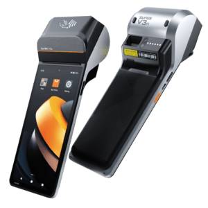 Zwei tragbare mobile Zahlungsterminals von vorne und hinten gezeigt, mit Touchscreen-Displays und integrierten Bondruckern.
