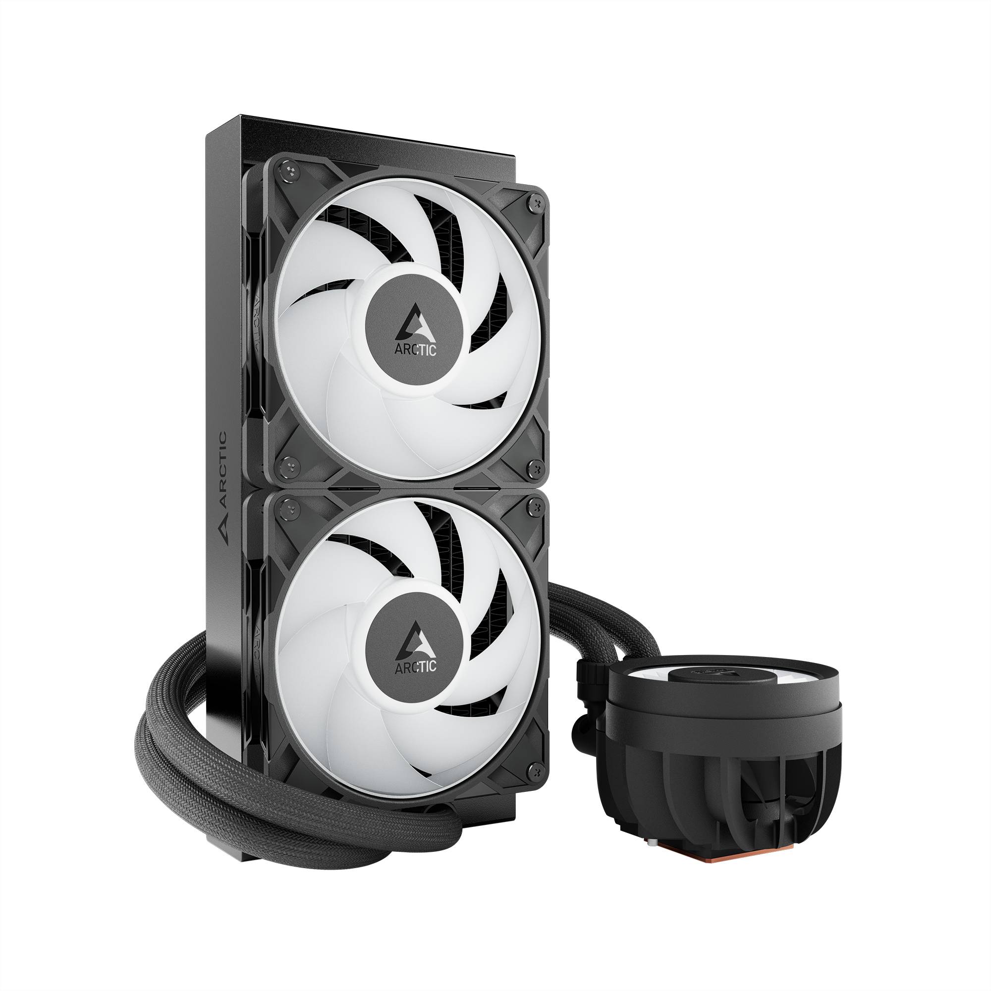 Schwarze Flüssigkeits-CPU-Kühlung mit zwei weißen ARCTIC-Lüftern auf einem Radiator und einem runden Pumpenblock mit geflochtenem Schlauch, auf schwarzem Hintergrund dargestellt.