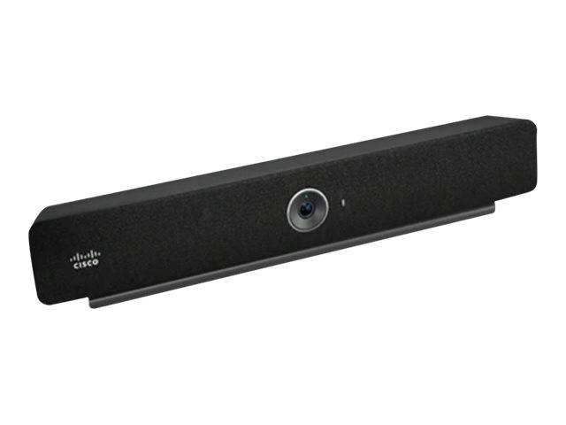 Cisco Videokonferenzkamera-Licht­leiste auf weißem Hintergrund, in der Schrägansicht mit zentrierter Linse dargestellt.