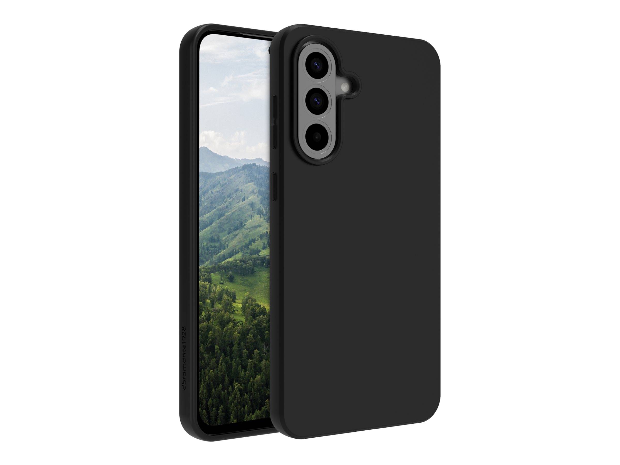 Ein Smartphone mit einer schwarzen Hülle wird präsentiert, auf dessen Bildschirm eine Naturlandschaft mit Bergen und einem Wald zu sehen ist.