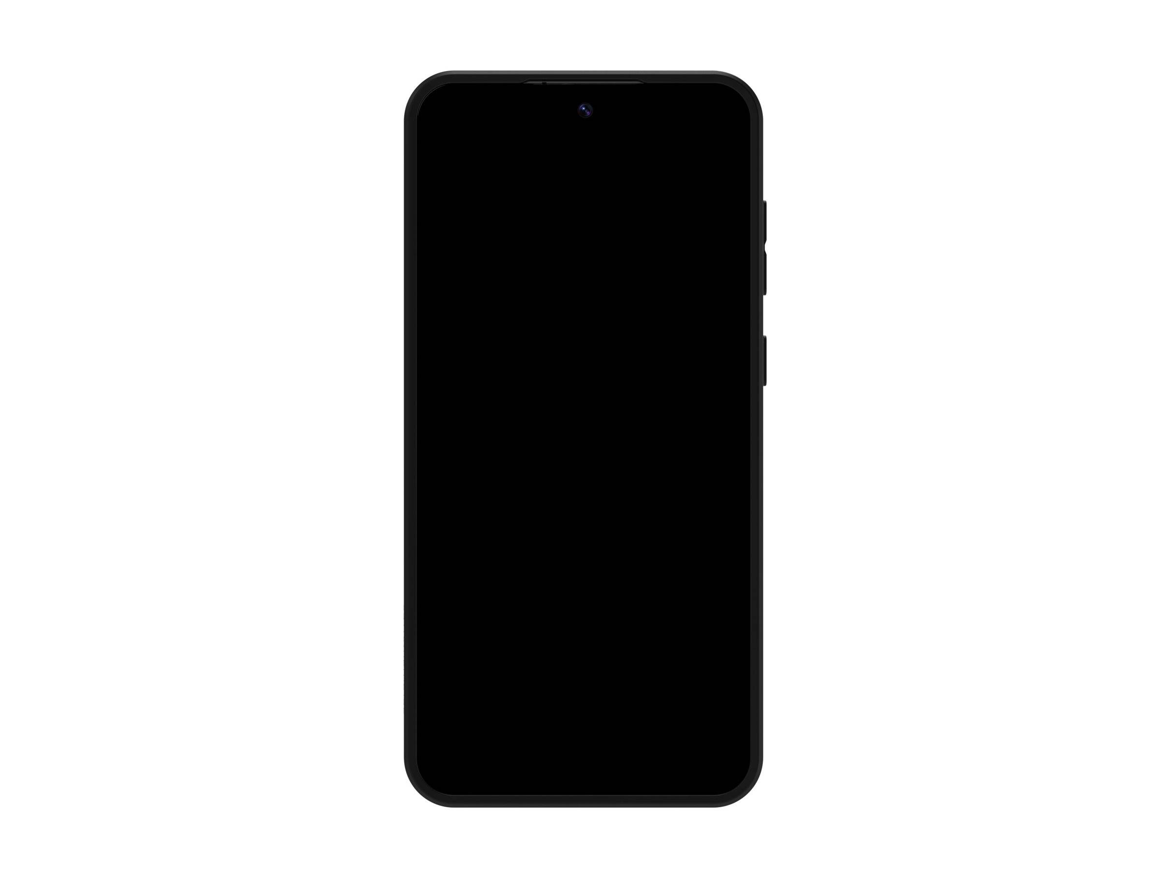 Ein schwarzes Smartphone mit einem leeren Bildschirm, von vorne betrachtet, mit zwei Tasten an seiner Seite.