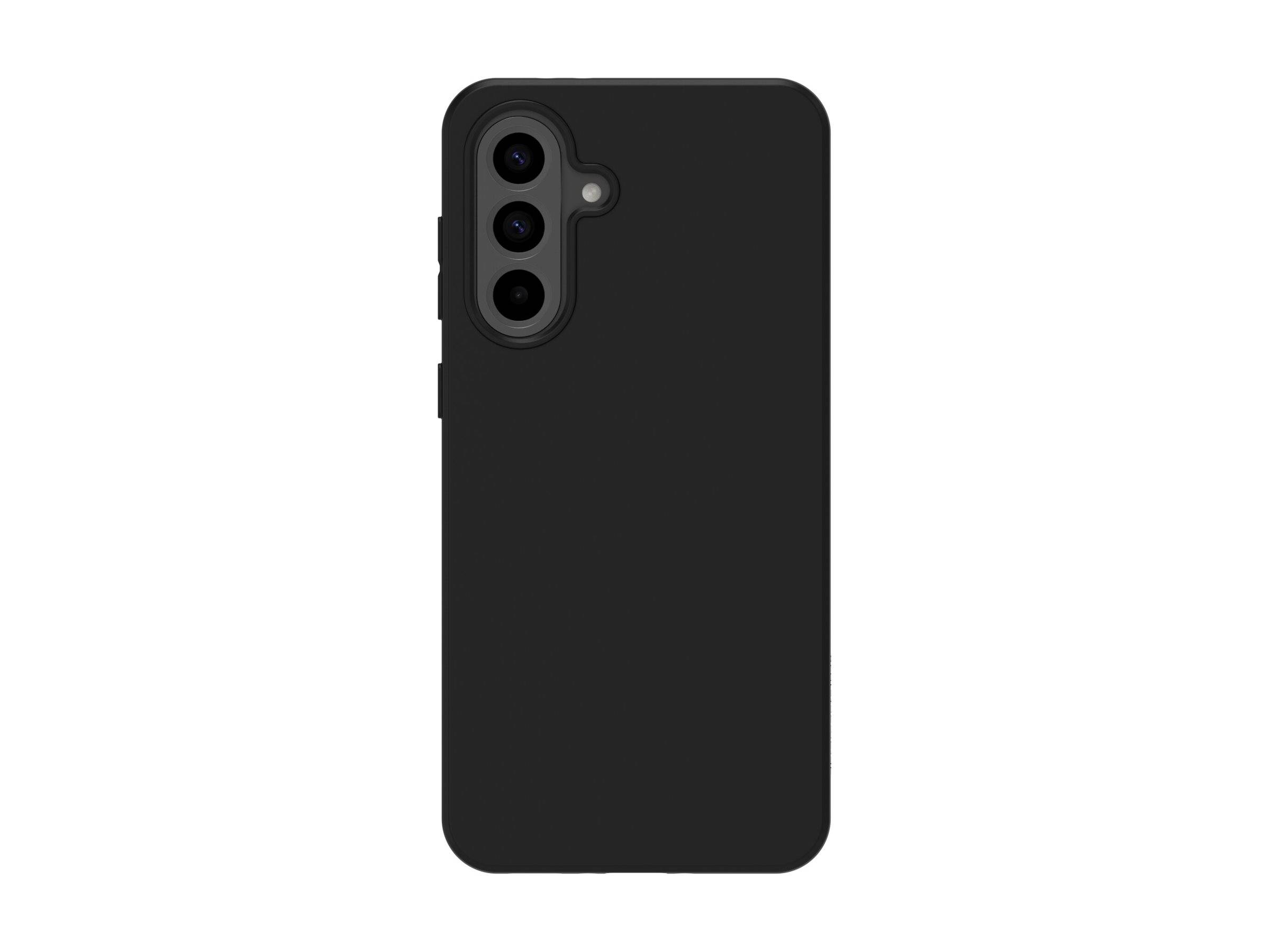 Ein schwarzer Smartphone-Hülle mit drei Kameraausschnitten, die vor einem weißen Hintergrund präsentiert wird.