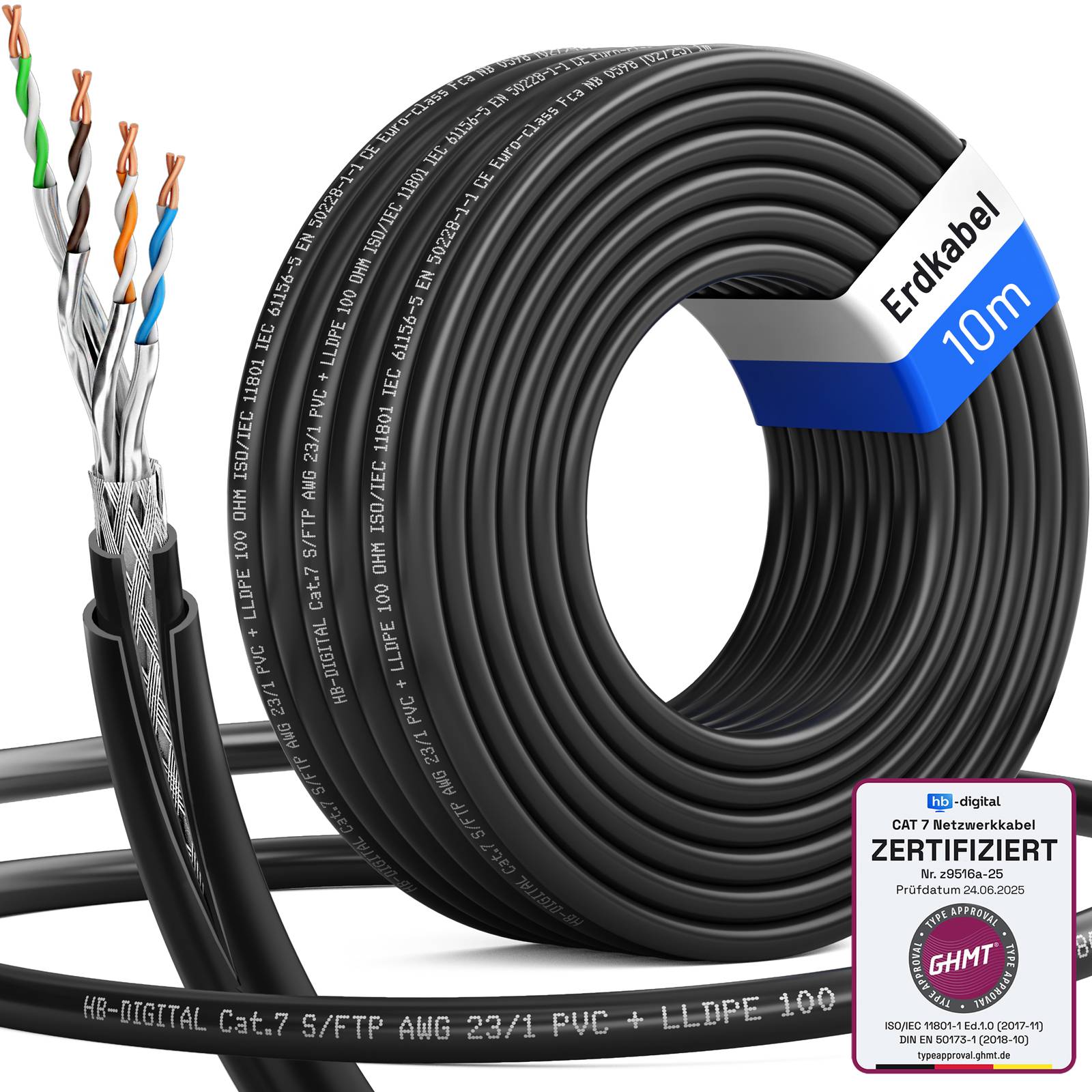 hb-digital CAT 7 Erdverlegekabel Doppelmantel S/FTP PVC + LLDPE AWG23 Außenbereich 10m