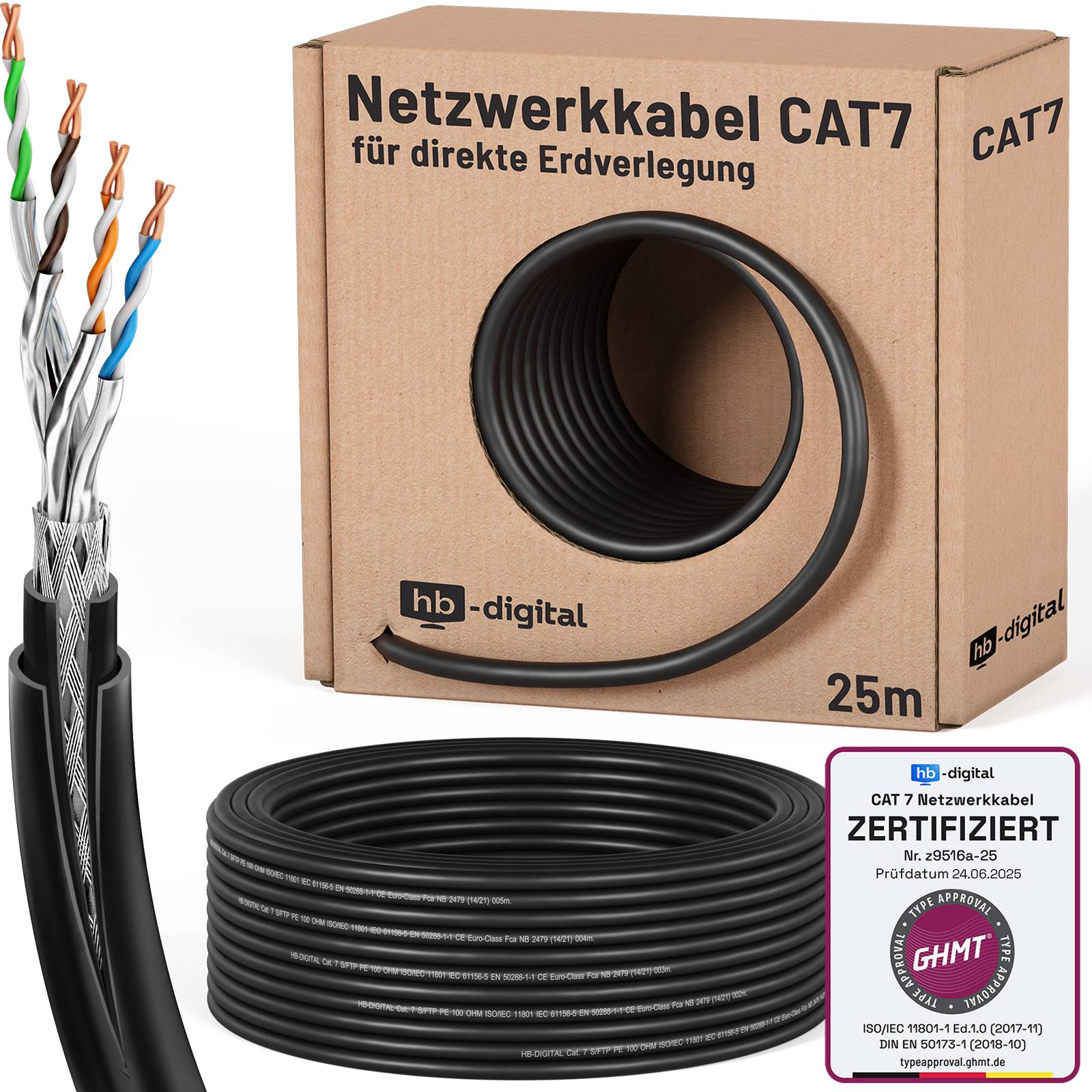 hb-digital 25m CAT 7 Kabel Doppelmantel Erdverlegekabel S/FTP PVC + LLDPE AWG23 Außenbereich